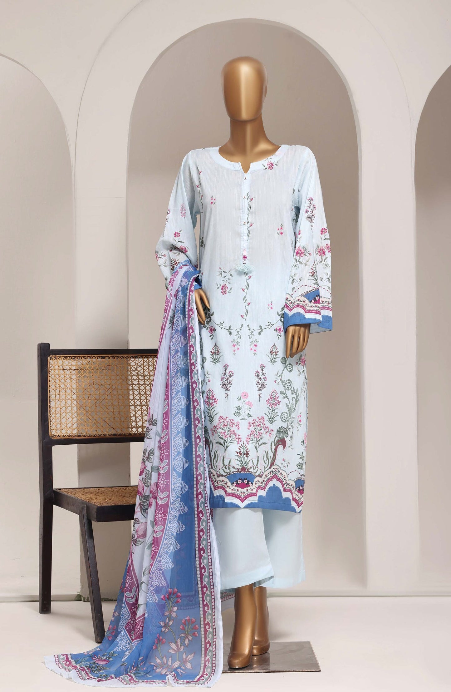 Sadabahar Printed Lawn Stitched 3 Piece Suit - D-02 - SBD26ELV - Ice Blue - Summer Collection
