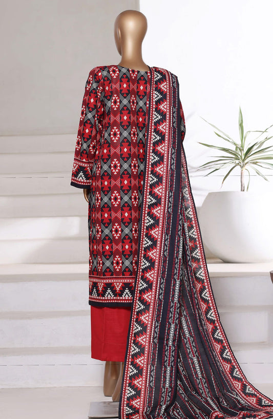 Sadabahar Printed Khaddar Stitched 3 Piece Suit - Design-02 - SDB25KHD - Red - Winter Collection