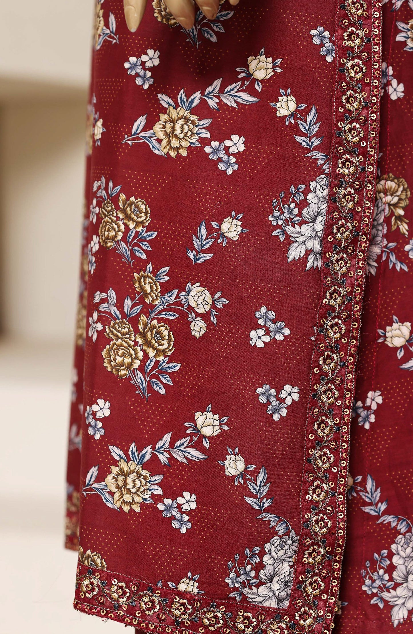 Sadabahar Regal Embroidered Lawn Stitched 3 Piece Suit - RD-05 - SBD26GAL - Maroon - Festive Collection