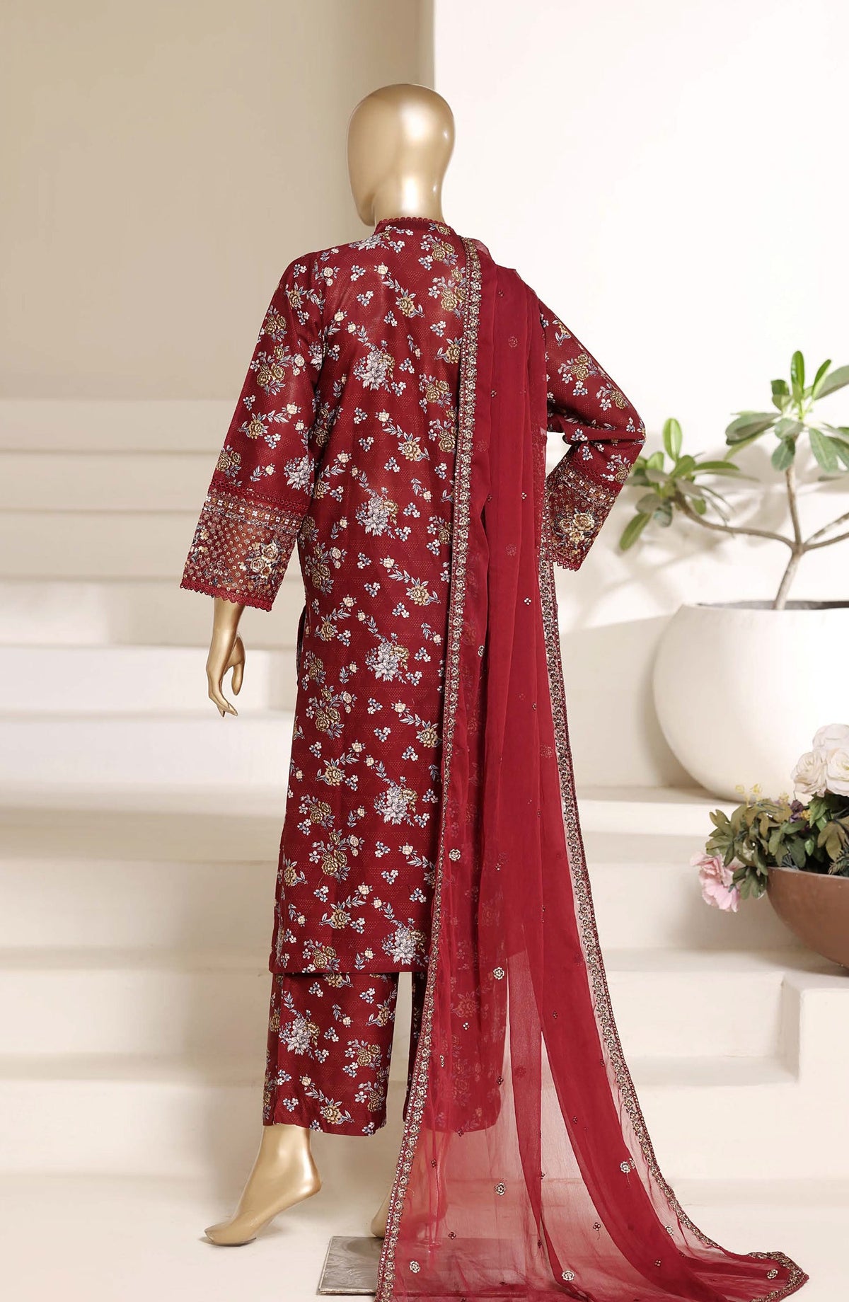 Sadabahar Regal Embroidered Lawn Stitched 3 Piece Suit - RD-05 - SBD26GAL - Maroon - Festive Collection