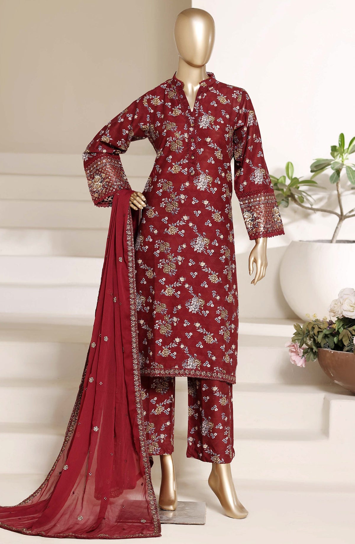 Sadabahar Regal Embroidered Lawn Stitched 3 Piece Suit - RD-05 - SBD26GAL - Maroon - Festive Collection