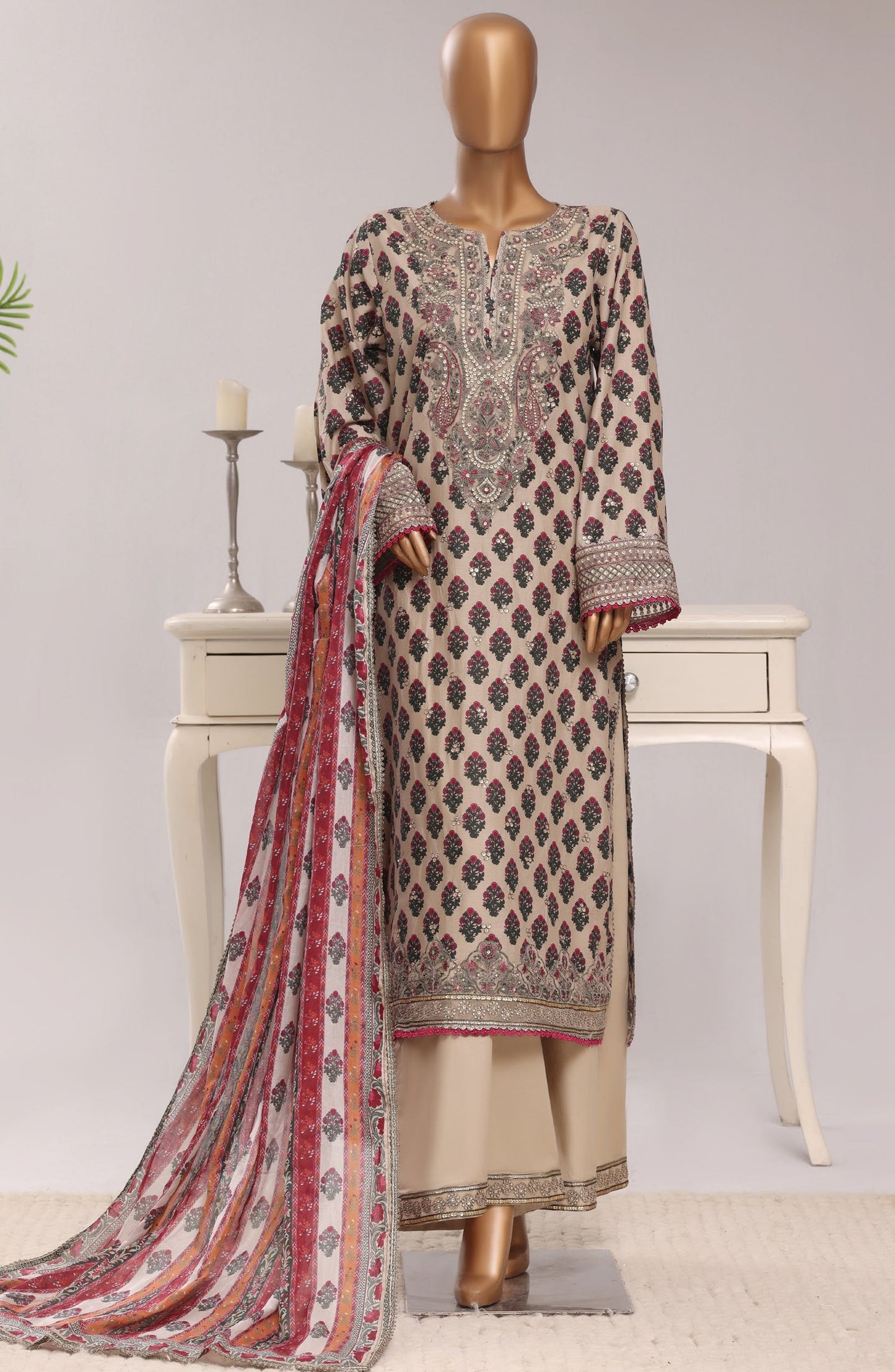Sadabahar Regal Embroidered Lawn Stitched 3 Piece Suit - D-06 - SBD26RGR - Fawn - Festive Collection