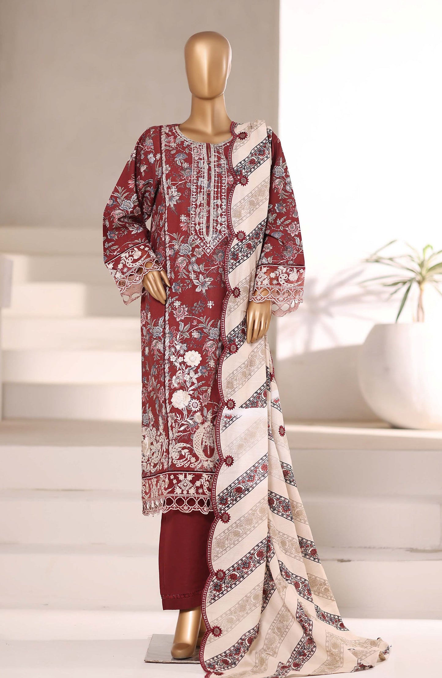 Sadabahar Signature Embroidered Khaddar Stitched 3 Piece Suit - Design-05 - SBD25SNA - Maroon - Winter Collection