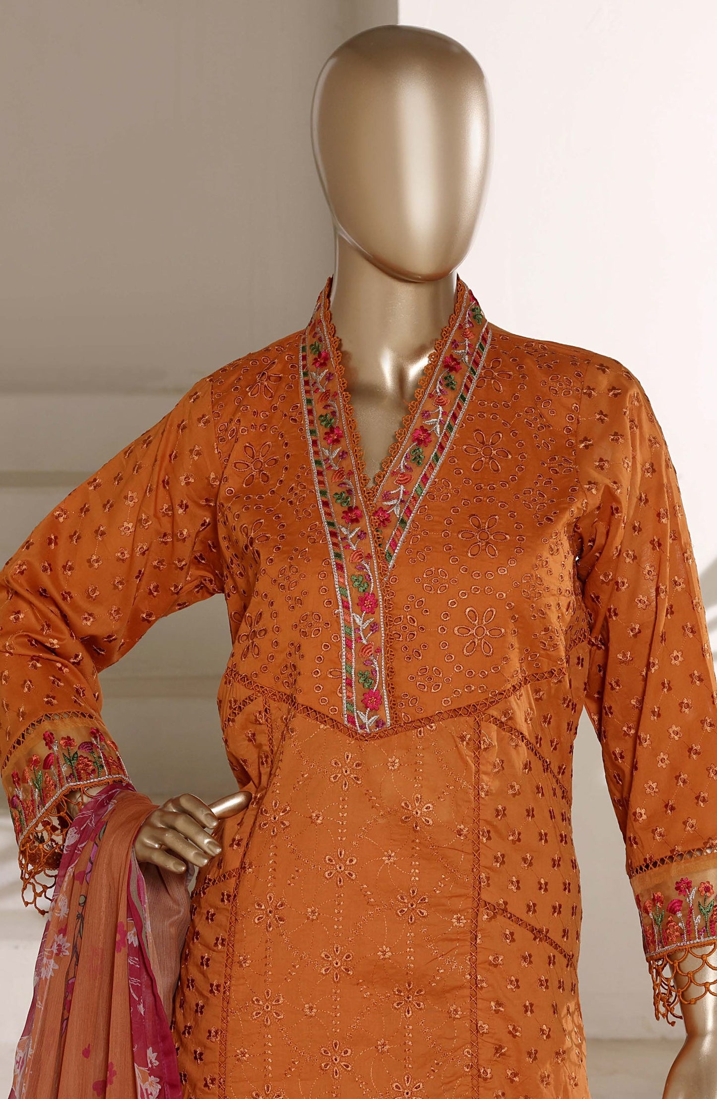 Sadabahar The Chikankari Edit Embroidered Stitched 3 Piece Suit - Design-04 - SBD26CHK - Rust - Luxury Collection