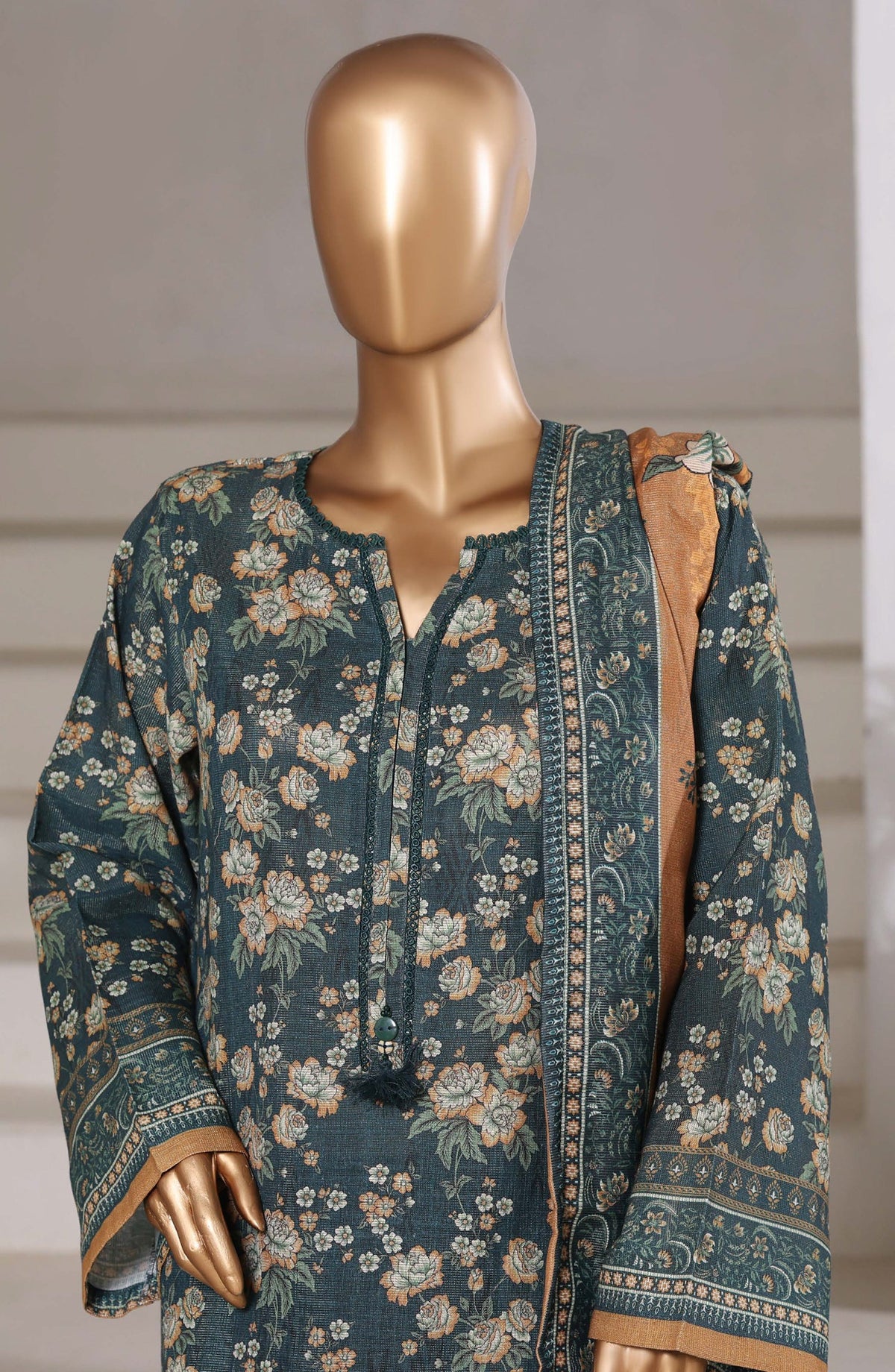 Sadabahar Printed Khaddar Stitched 3 Piece Suit - Design-04 - SBD25SHIMR - Teal - Winter Collection
