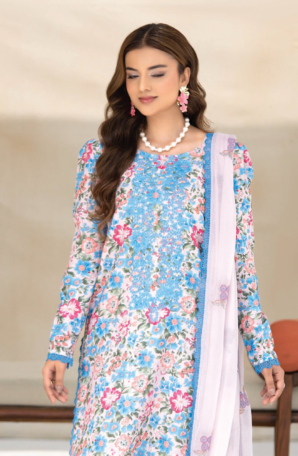 Saffron by Sanam Saeed Embroidered Lawn Unstitched 3 Piece Suit - D-08 - AK26SOF - Blue - Summer Collection