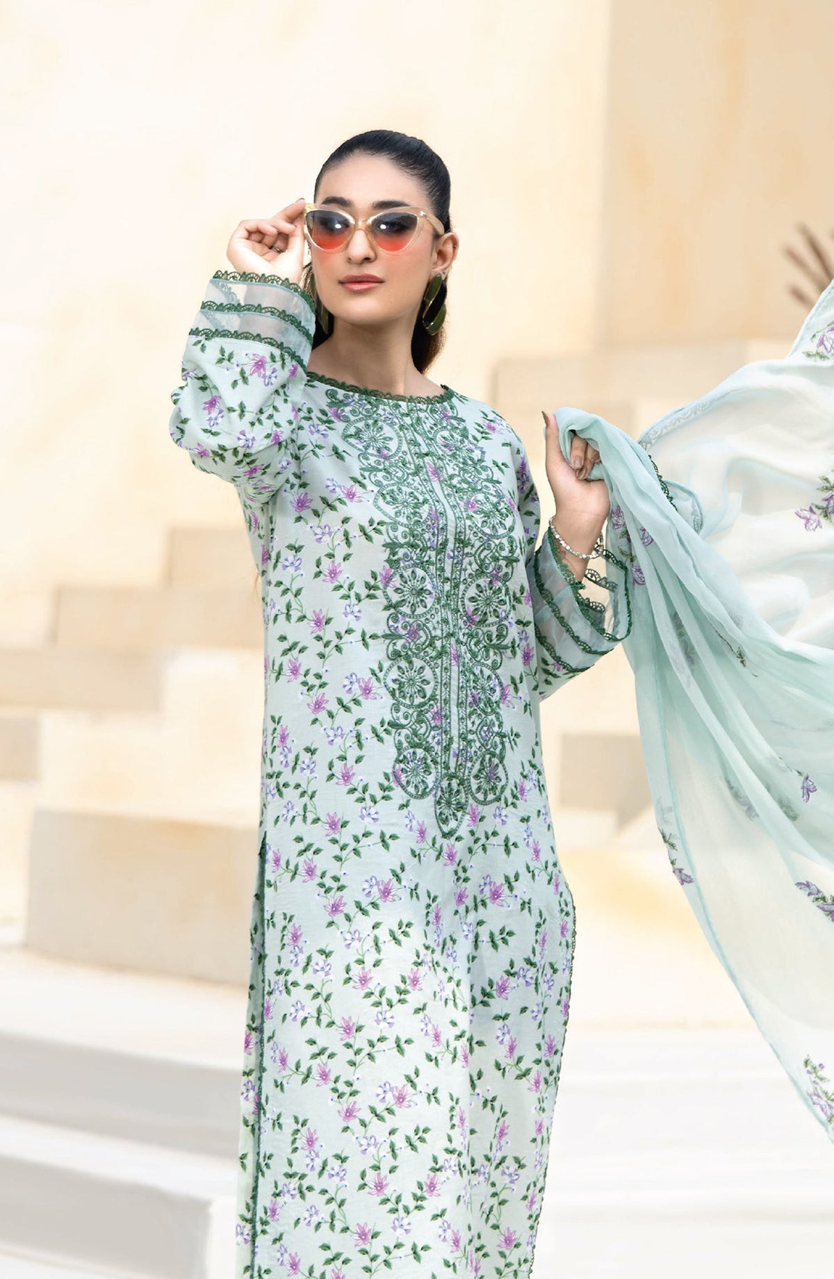 Saffron by Sanam Saeed Embroidered Lawn Unstitched 3 Piece Suit - D-04 - AK26SOF - Green - Summer Collection