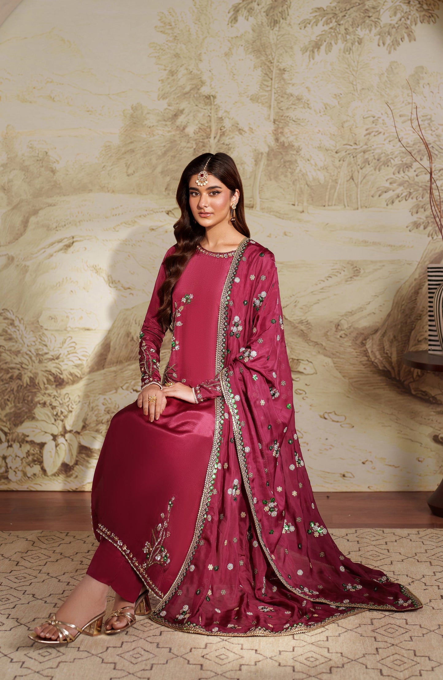 Saheera by Zarif Embroidered Tussel Silk Unstitched 3 Piece Suit - ZRF-ZHE-02 SHAMMA - ZRF25SRA - Pink - Luxury Collection