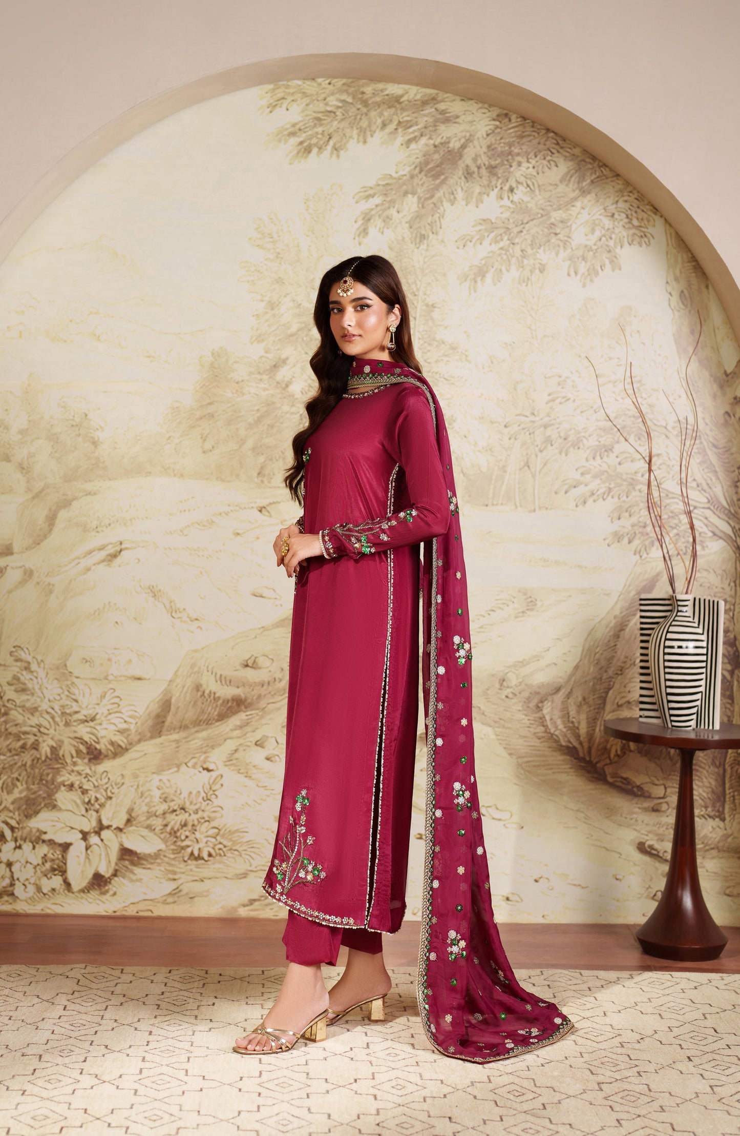 Saheera by Zarif Embroidered Tussel Silk Unstitched 3 Piece Suit - ZRF-ZHE-02 SHAMMA - ZRF25SRA - Pink - Luxury Collection