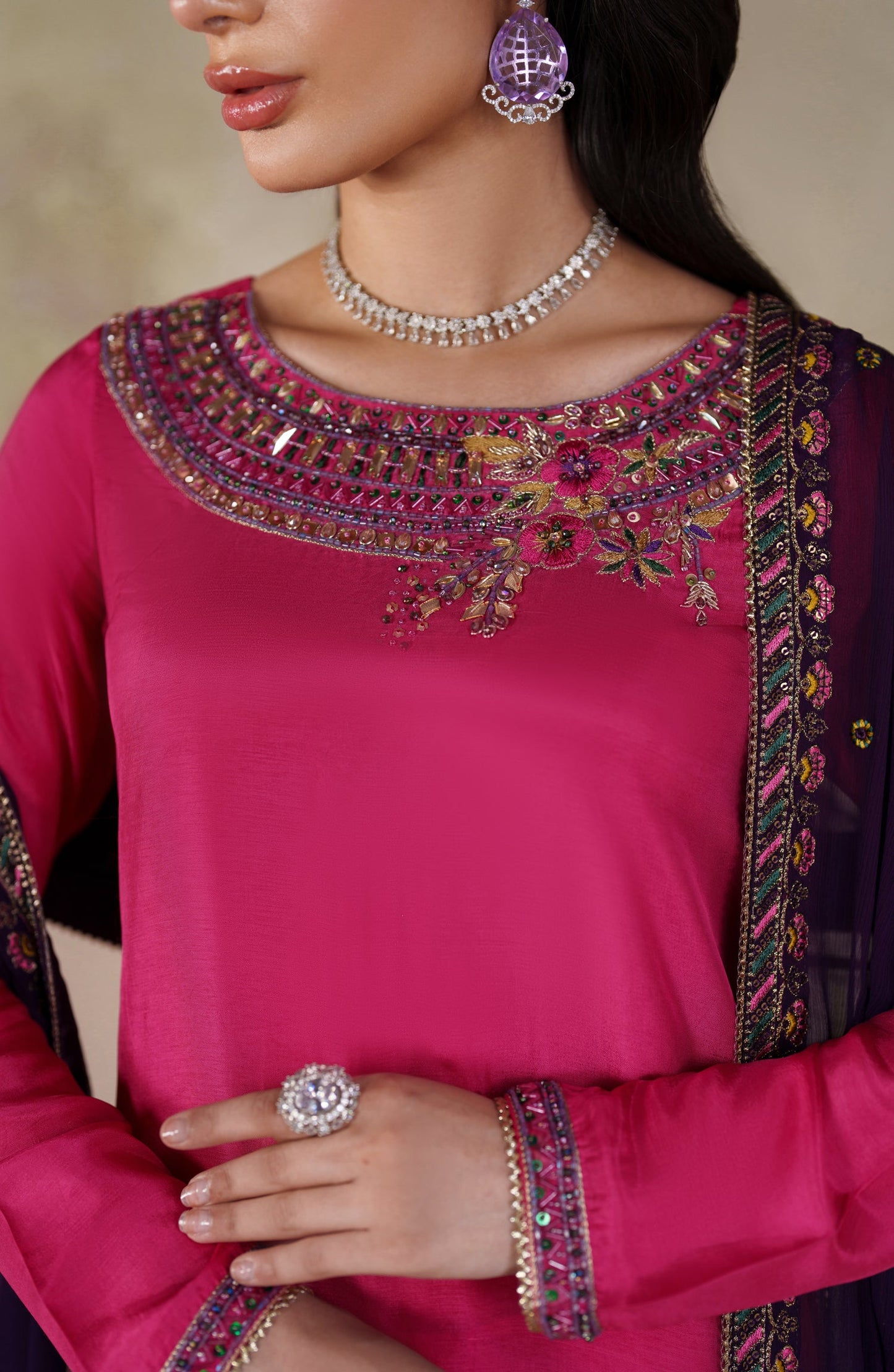 Saheera by Zarif Embroidered Tussel Silk Unstitched 3 Piece Suit - ZRF-ZHE-04 HANEERA - ZRF25SRA - Pink - Luxury Collection
