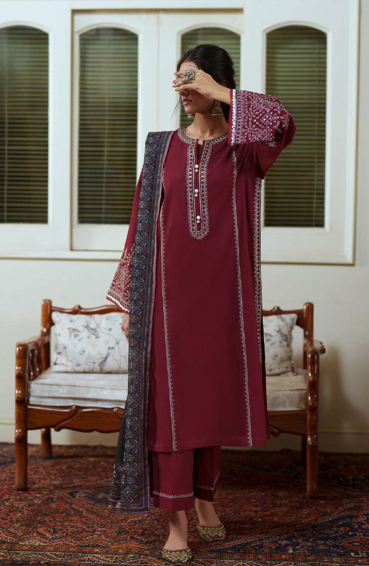 Sakoon by Casual Lite Embroidered Cotton Lawn Stitched 3 Piece Suit - Outfit-07 The Maroon - CL26SKN - Summer Collection