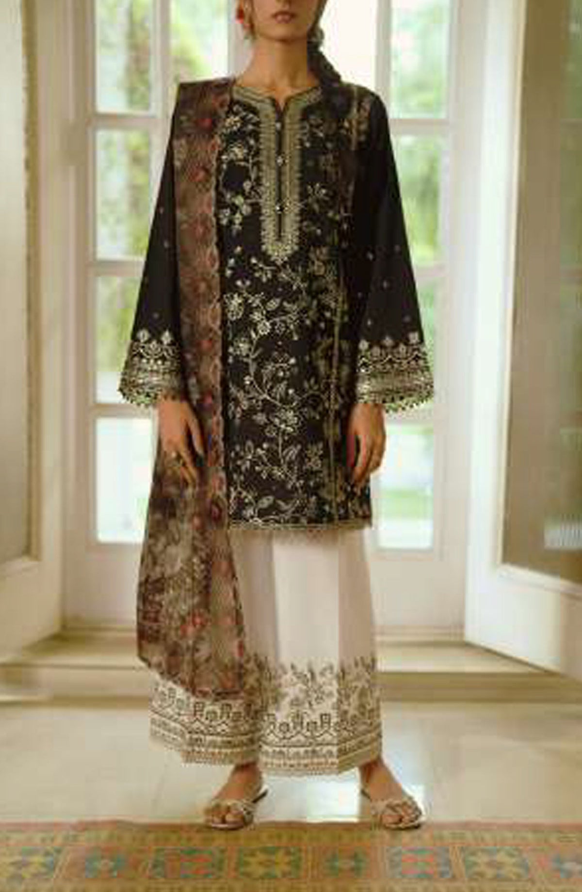Sakoon by Casual Lite Embroidered Cotton Lawn Stitched 3 Piece Suit - Outfit-04 The Black - CL26SKN - Summer Collection