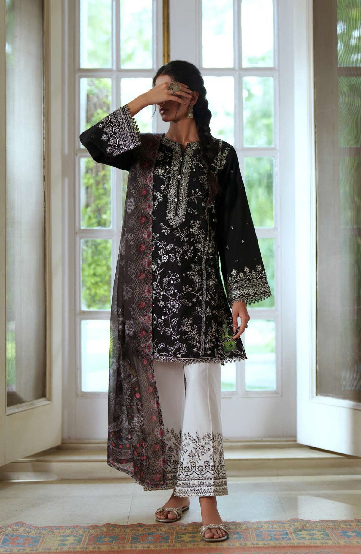Sakoon by Casual Lite Embroidered Cotton Lawn Stitched 3 Piece Suit - Outfit-04 The Black - CL26SKN - Summer Collection