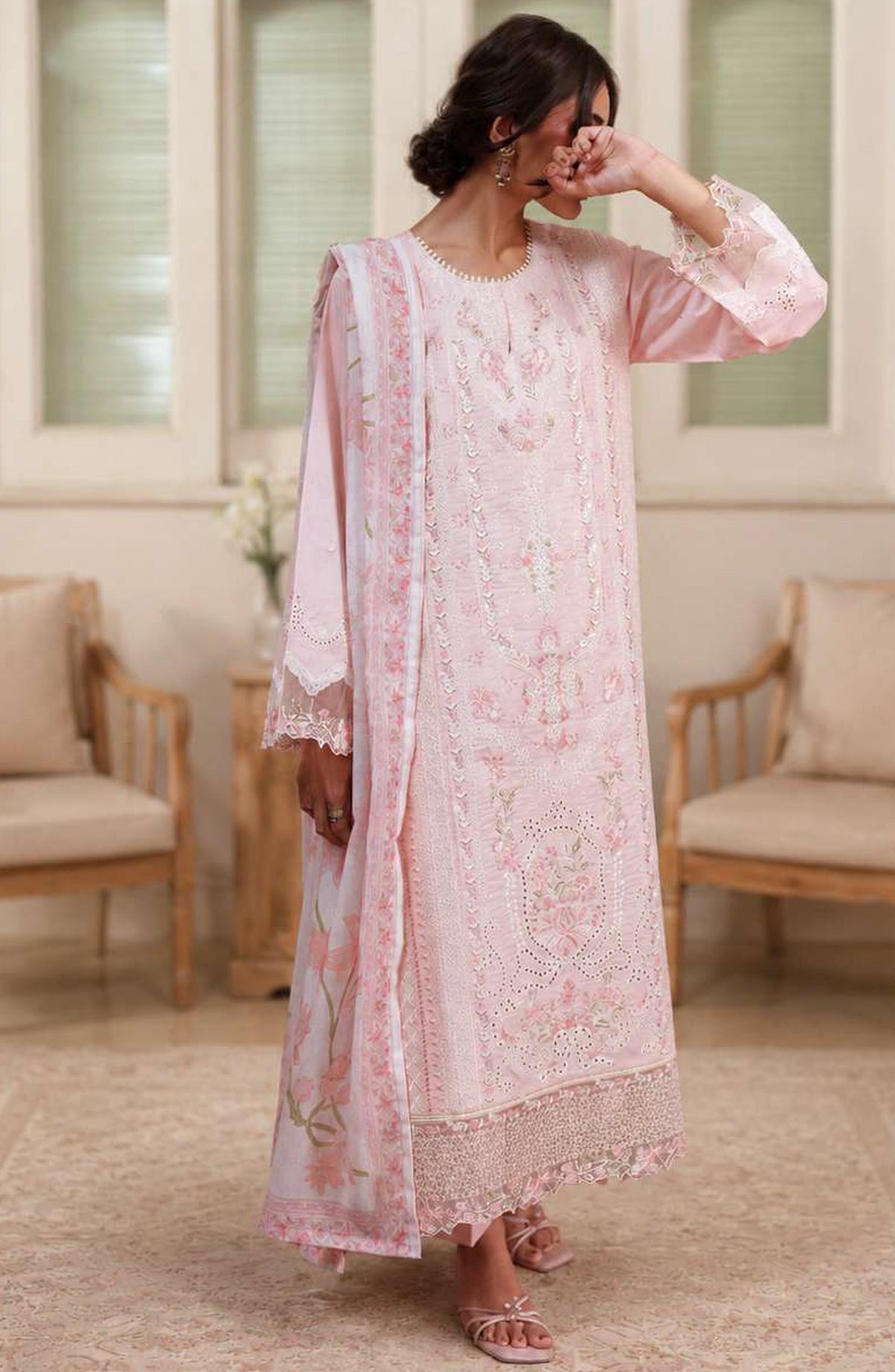 Sakoon by Casual Lite Embroidered Cotton Lawn Stitched 3 Piece Suit - Outfit-03 The Pinkish - CL26SKN - Summer Collection