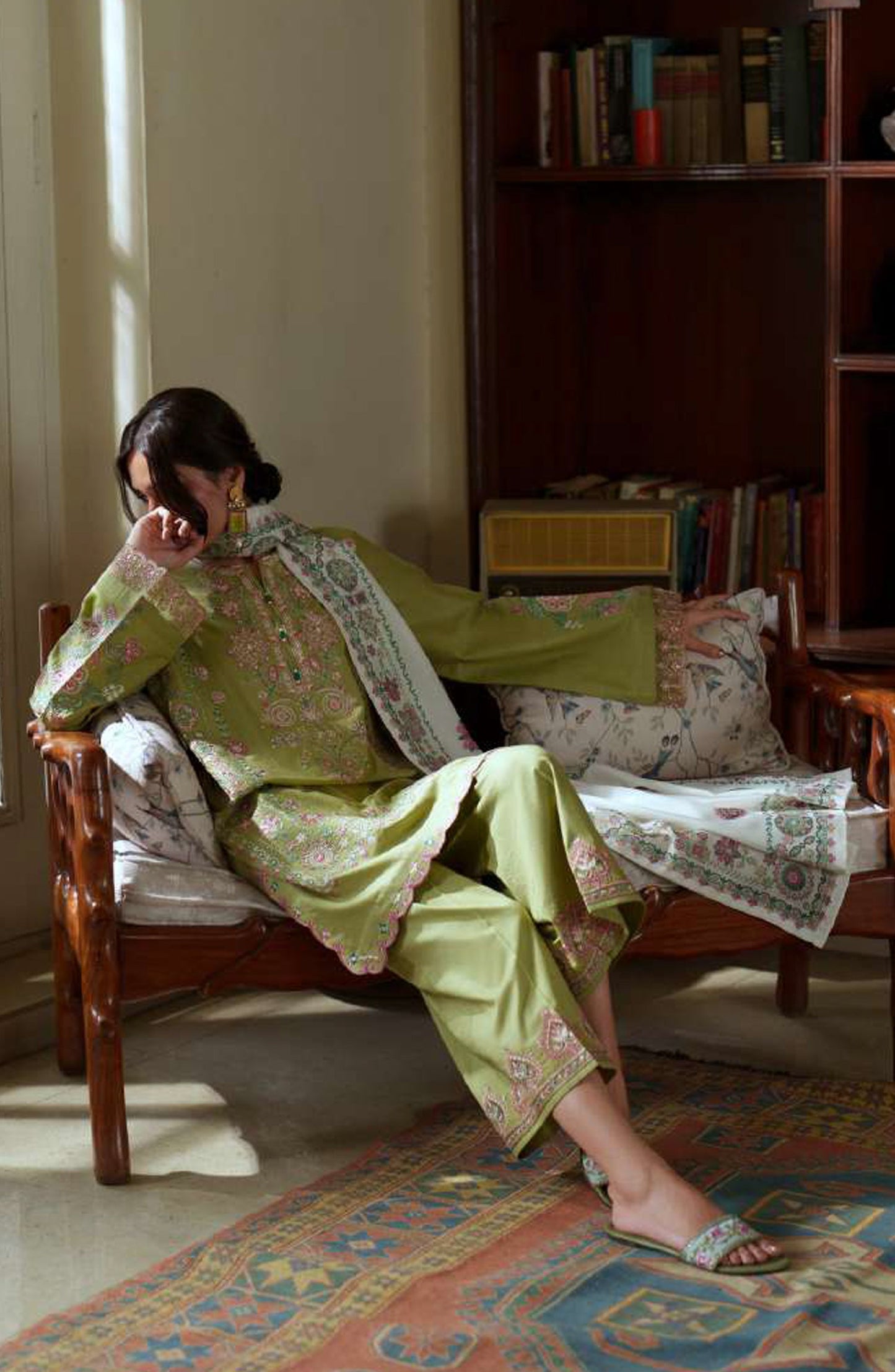 Sakoon by Casual Lite Embroidered Cotton Lawn Stitched 3 Piece Suit - Outfit-02 The Olive Green - CL26SKN - Summer Collection