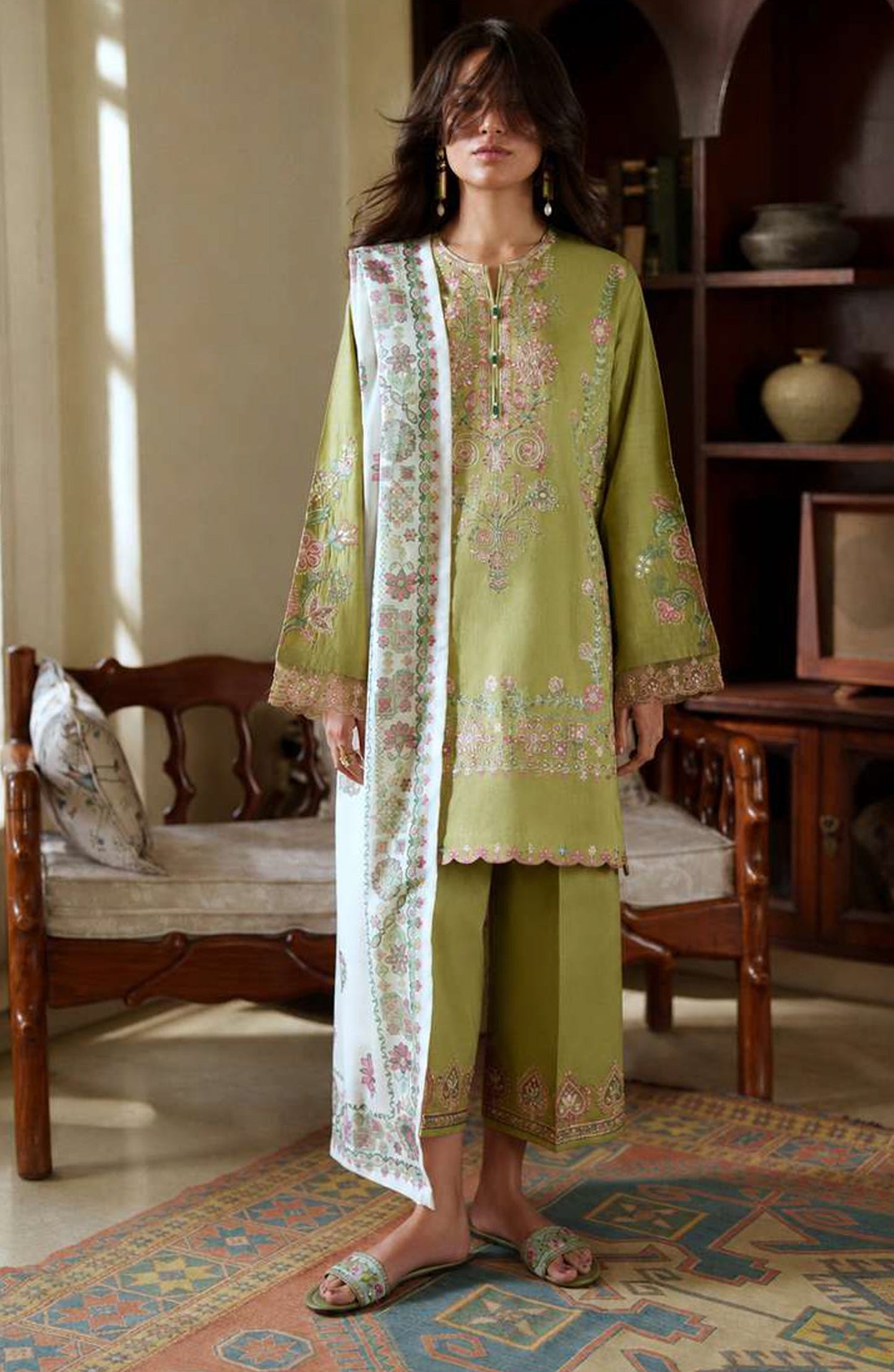 Sakoon by Casual Lite Embroidered Cotton Lawn Stitched 3 Piece Suit - Outfit-02 The Olive Green - CL26SKN - Summer Collection