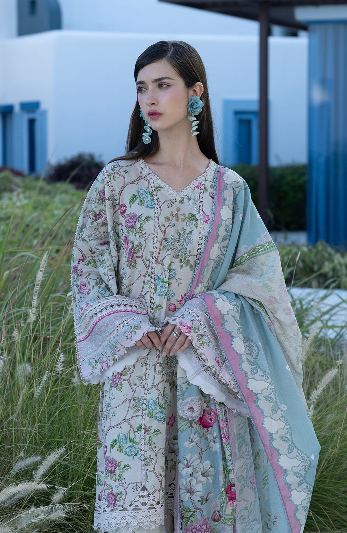 Santorini by Elaf Premium Digital Printed Lawn Unstitched 3 Piece Suit - EPN-8B FAIRYTALE - EL26SNT - Sky Blue - Summer Collection