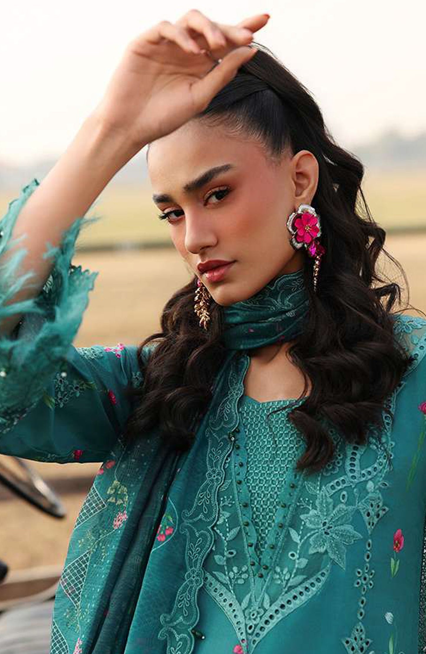 Sardinia Festive Embroidered Lawn Unstitched 3 Piece Suit - 1606-A TEAL WOOD - SRD26FS - Green - Spring Summer Collection