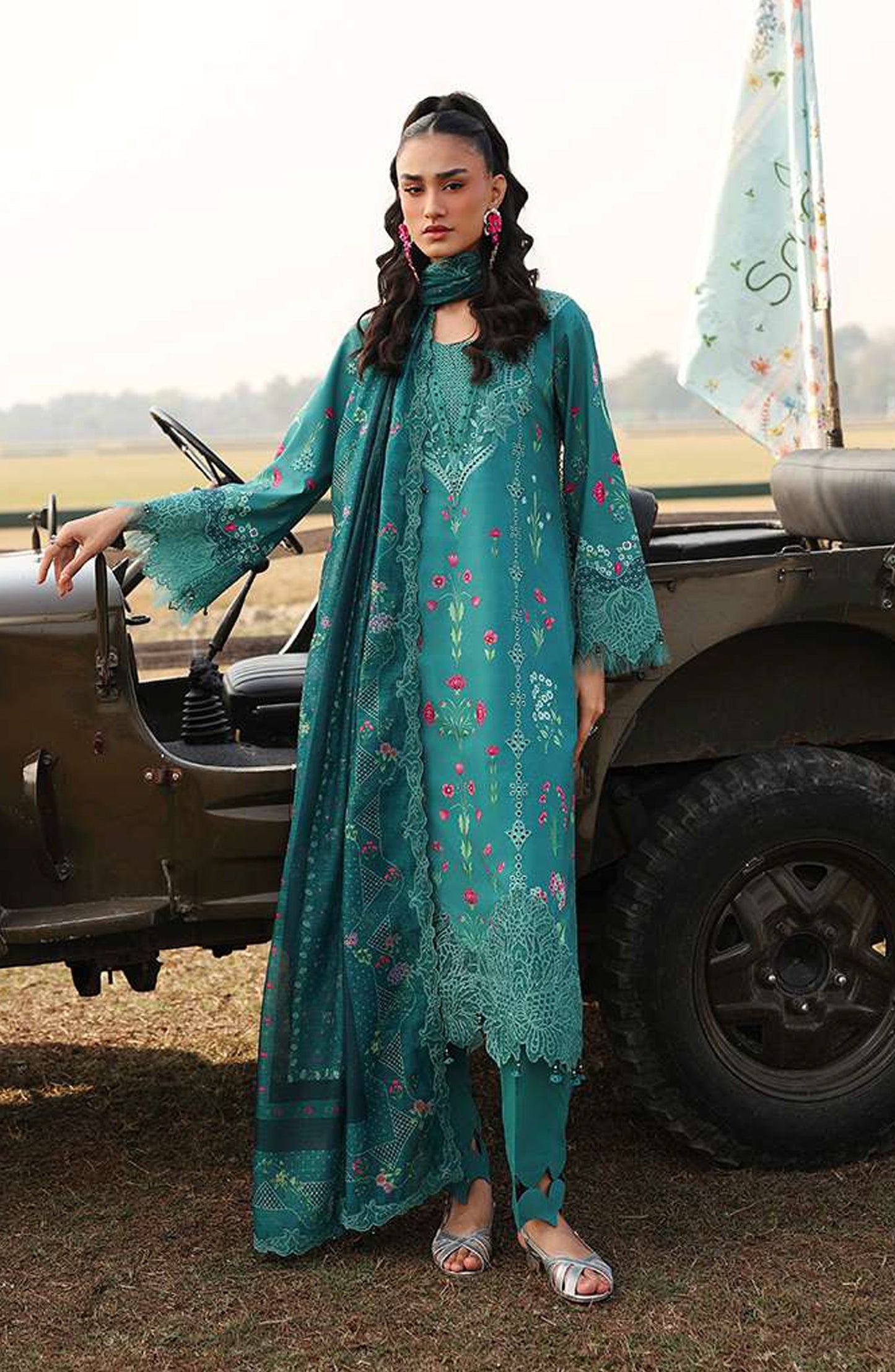 Sardinia Festive Embroidered Lawn Unstitched 3 Piece Suit - 1606-A TEAL WOOD - SRD26FS - Green - Spring Summer Collection