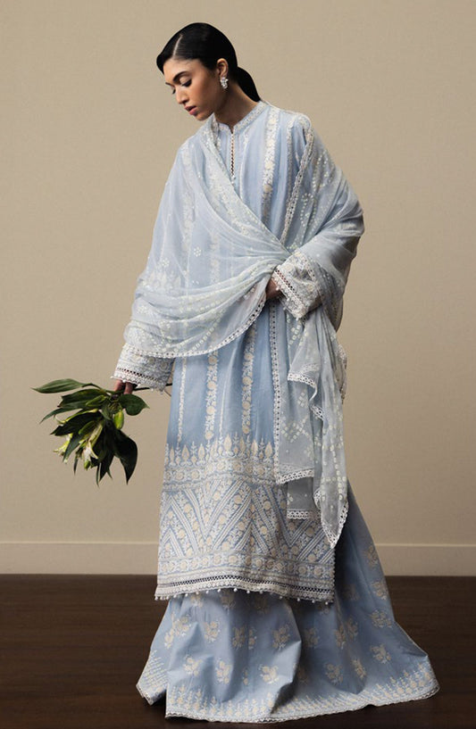Satori by Zara Shahjahan Embroidered Lawn Unstitched 3 Piece Suit - AOYOMI-D1 - ZS26ST - Blue - Luxury Summer Collection