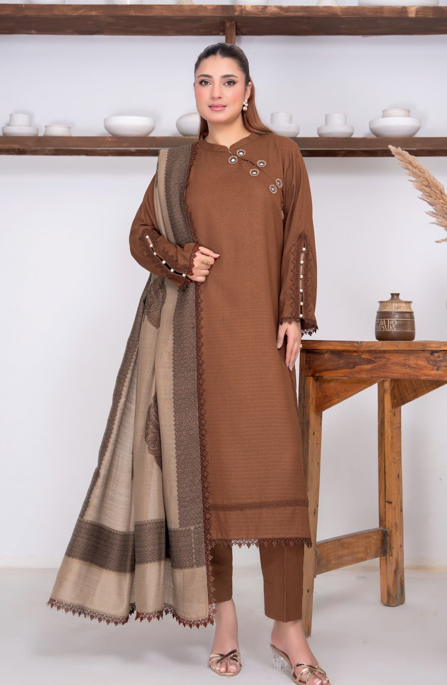 Sensation by Riaz Arts Premium Peach Unstitched 3 Piece Suit - D-06 - RA26SNT - Brown - Winter Collection