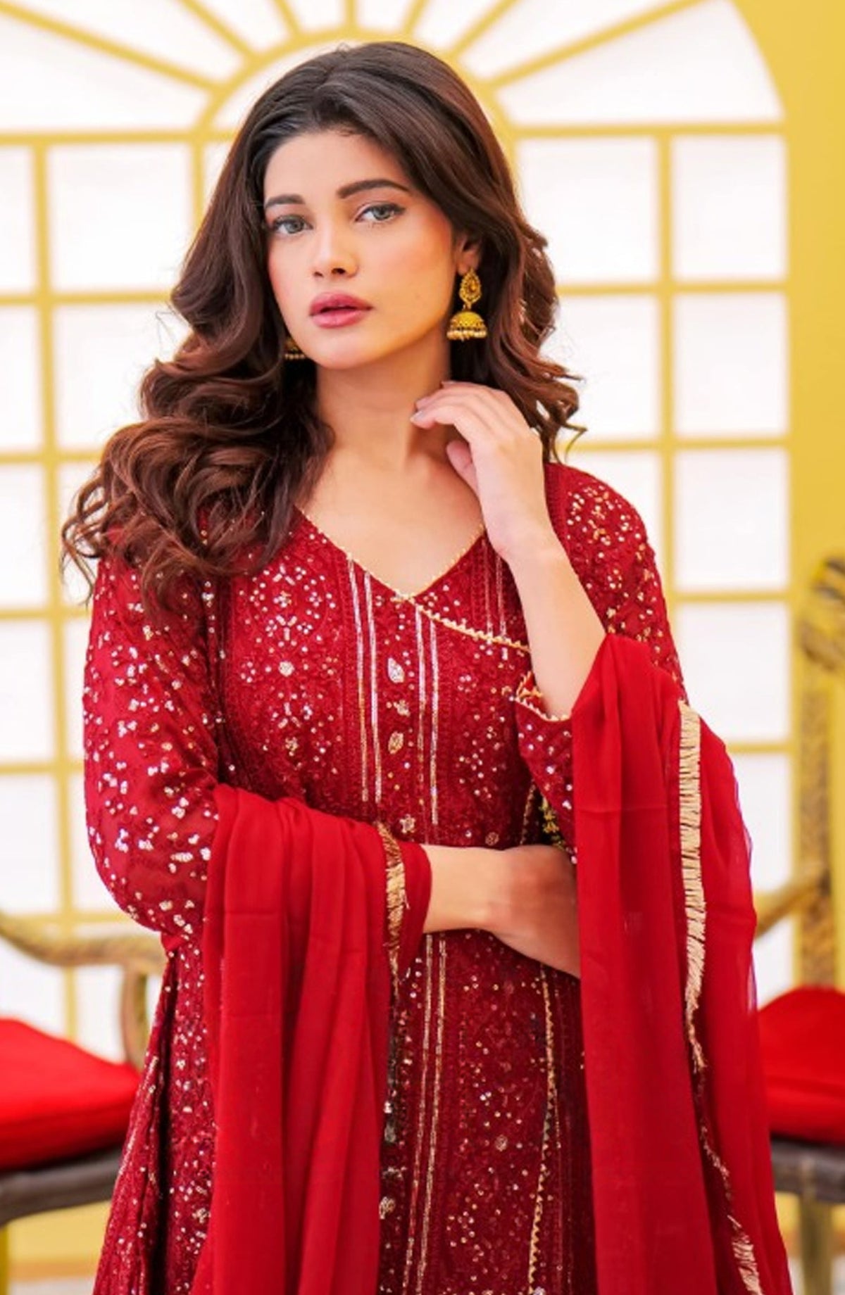 Shaadiyaan Embroidered Chiffon Stitched 3 Piece Suit - JANAAN - ALS25SHD - Maroon - Festive Collection