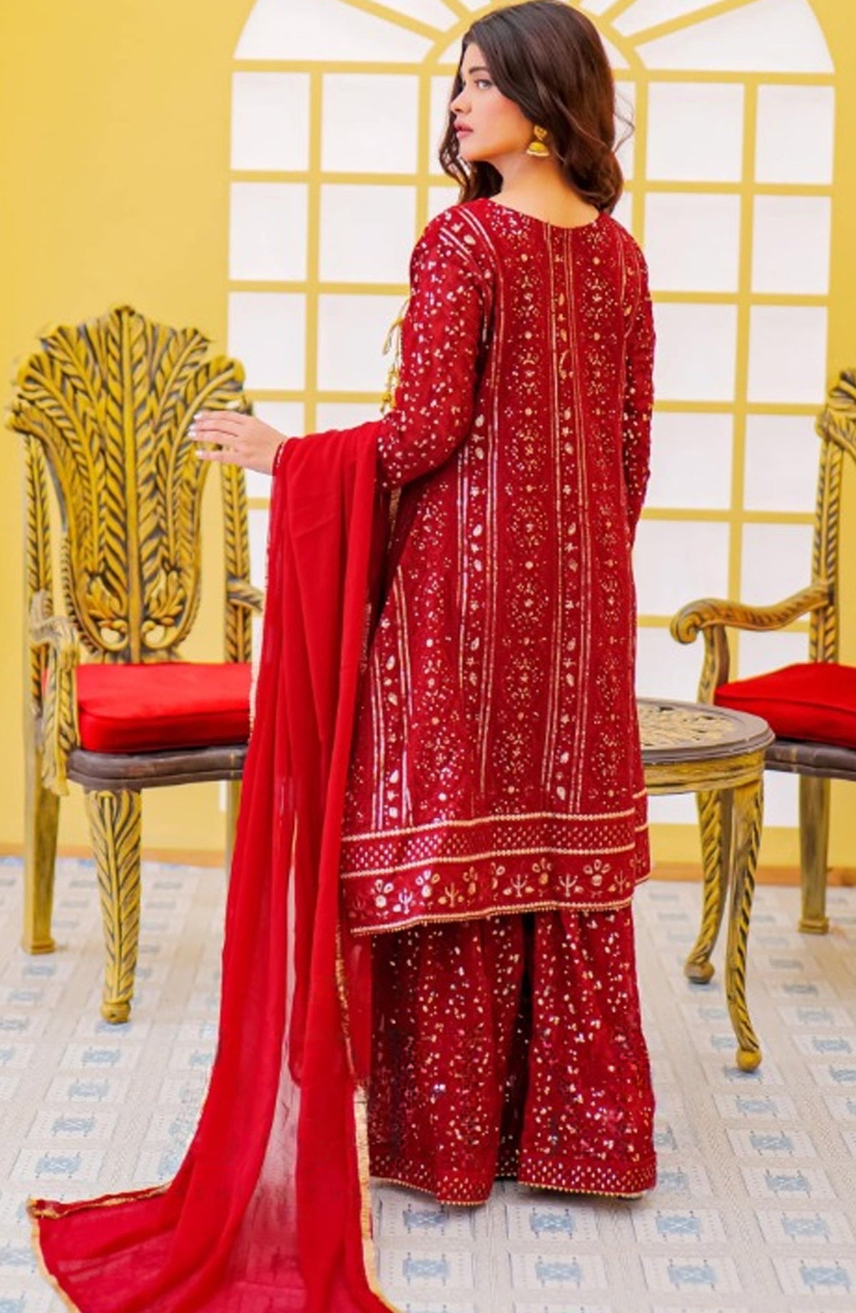 Shaadiyaan Embroidered Chiffon Stitched 3 Piece Suit - JANAAN - ALS25SHD - Maroon - Festive Collection