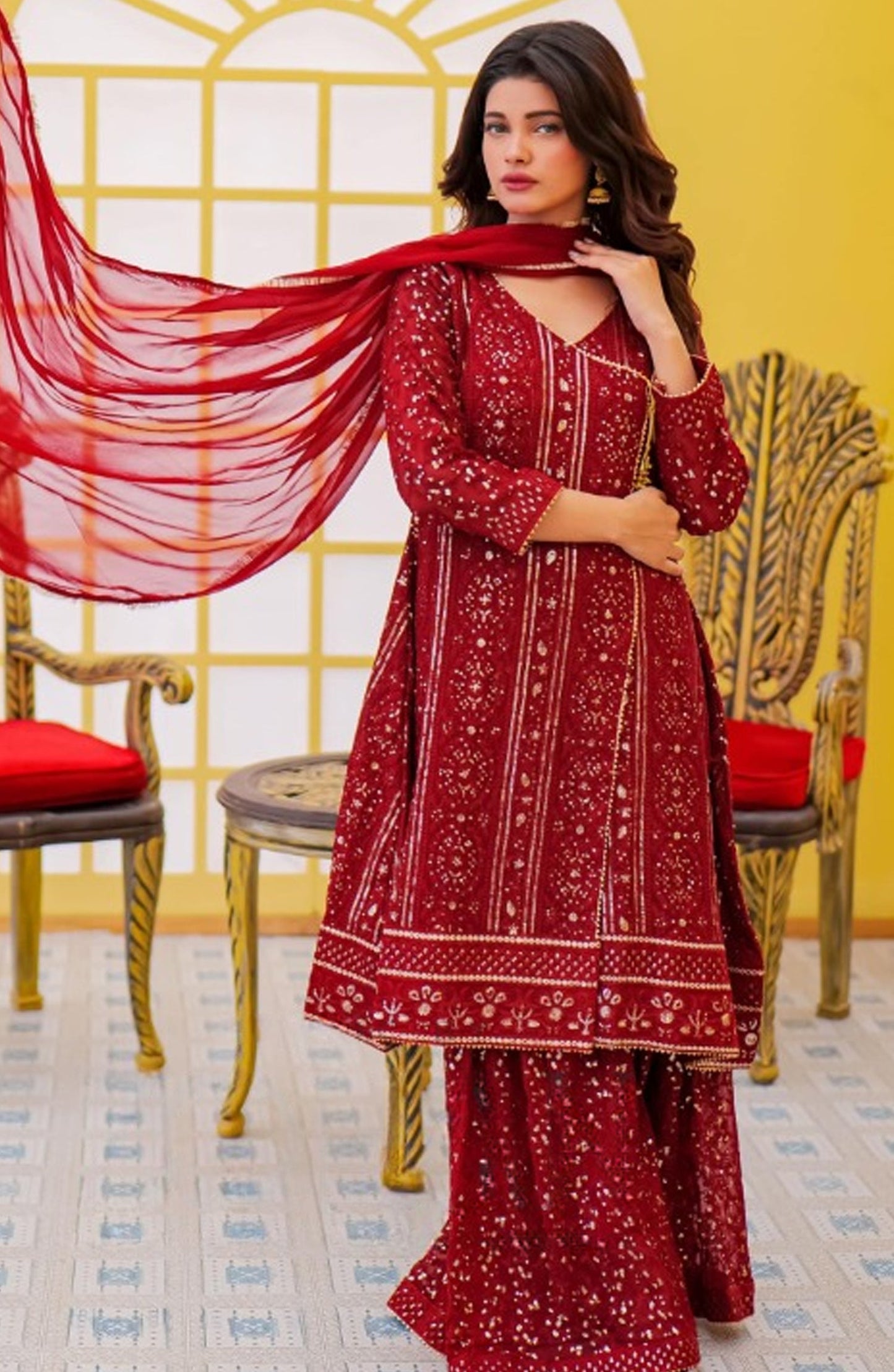 Shaadiyaan Embroidered Chiffon Stitched 3 Piece Suit - JANAAN - ALS25SHD - Maroon - Festive Collection