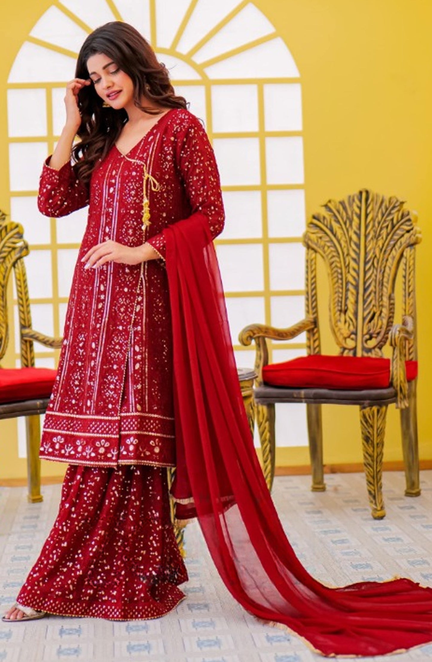 Shaadiyaan Embroidered Chiffon Stitched 3 Piece Suit - JANAAN - ALS25SHD - Maroon - Festive Collection