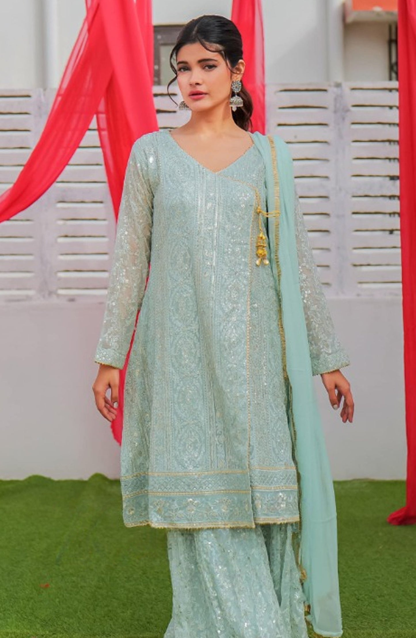 Shaadiyaan Embroidered Chiffon Stitched 3 Piece Suit - JANAAN - ALS25SHD - Mint Green - Festive Collection