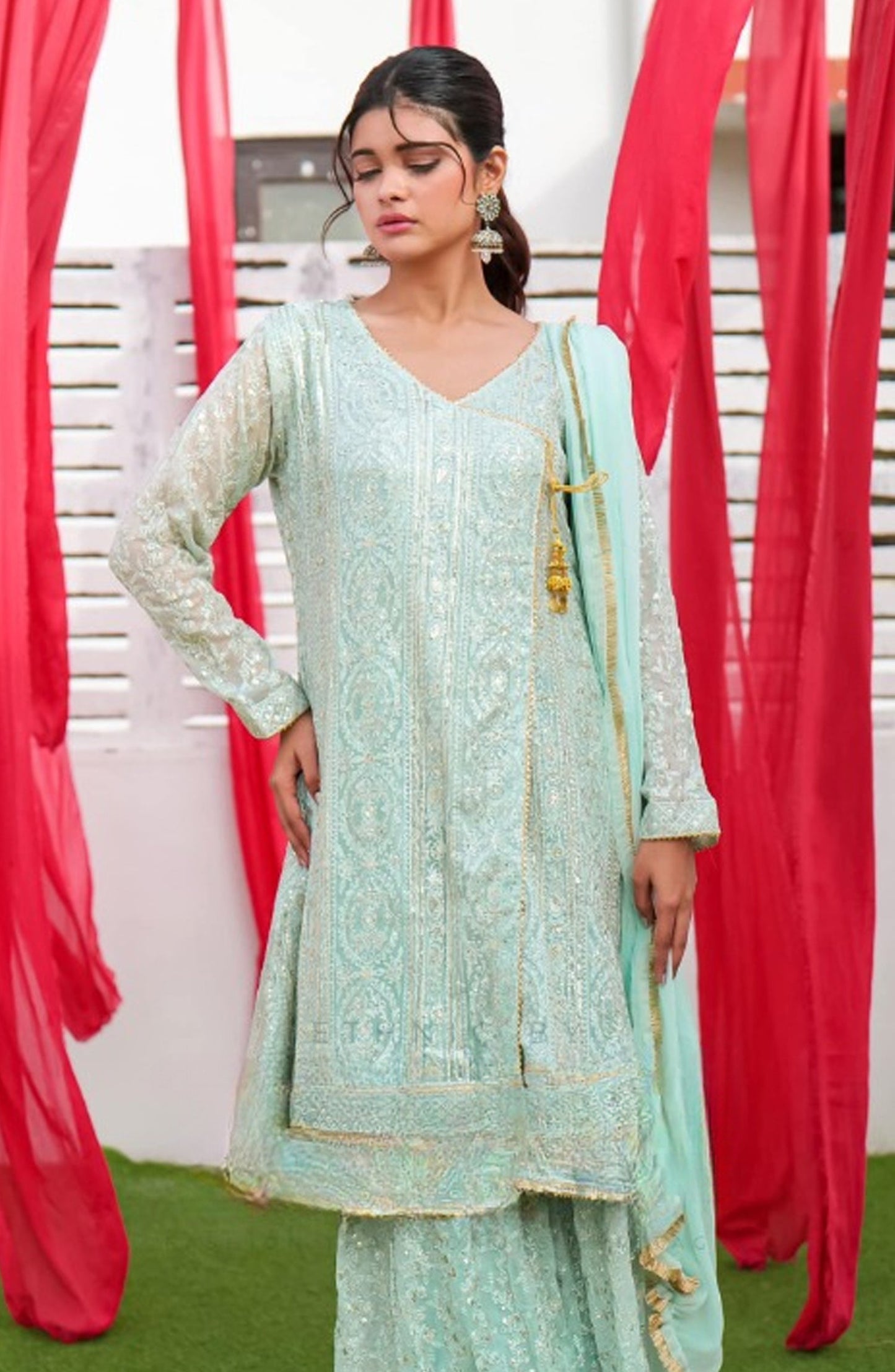 Shaadiyaan Embroidered Chiffon Stitched 3 Piece Suit - JANAAN - ALS25SHD - Mint Green - Festive Collection