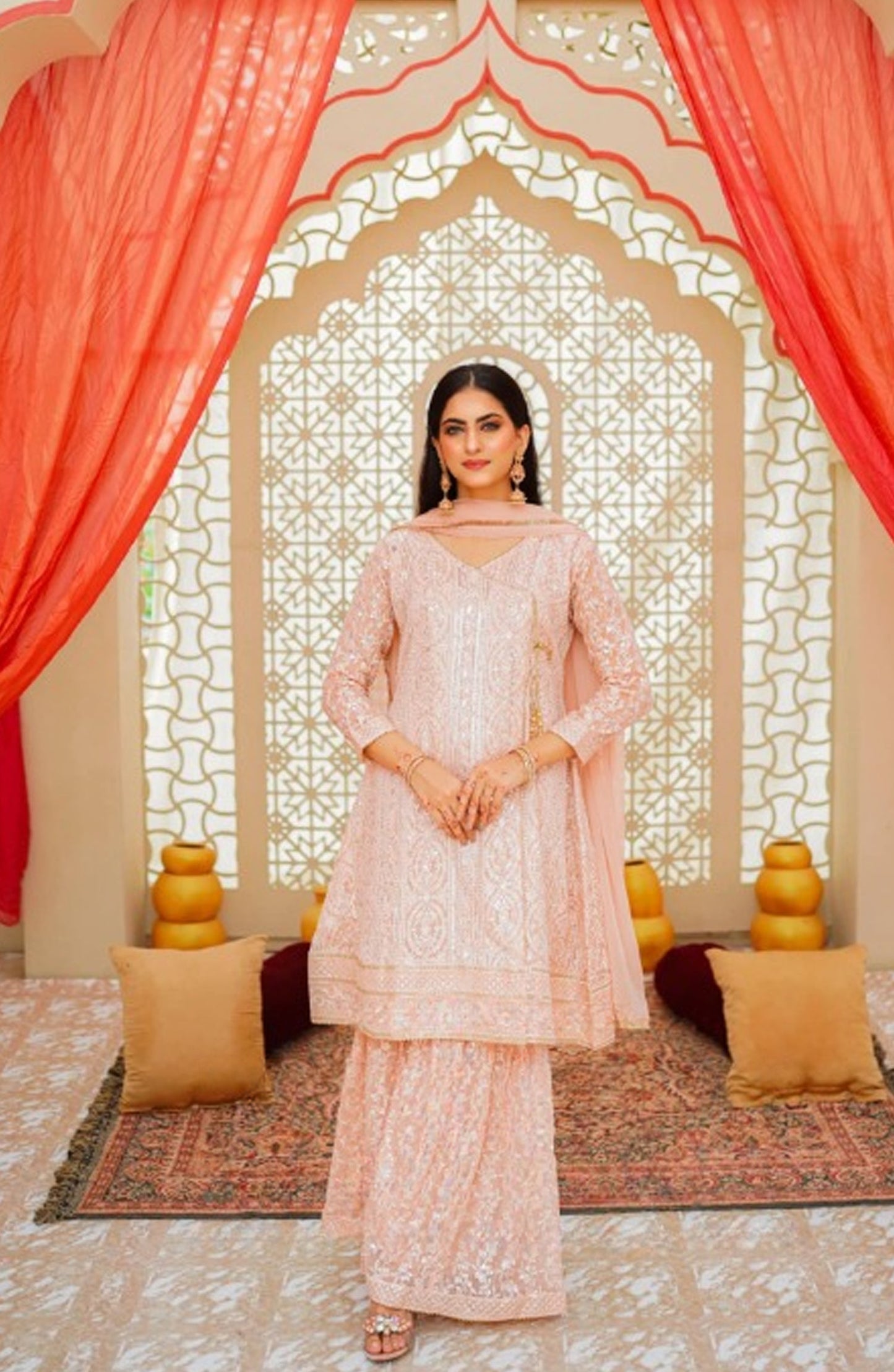 Shaadiyaan Embroidered Chiffon Stitched 3 Piece Suit - JANAAN - ALS25SHD - Peach - Festive Collection