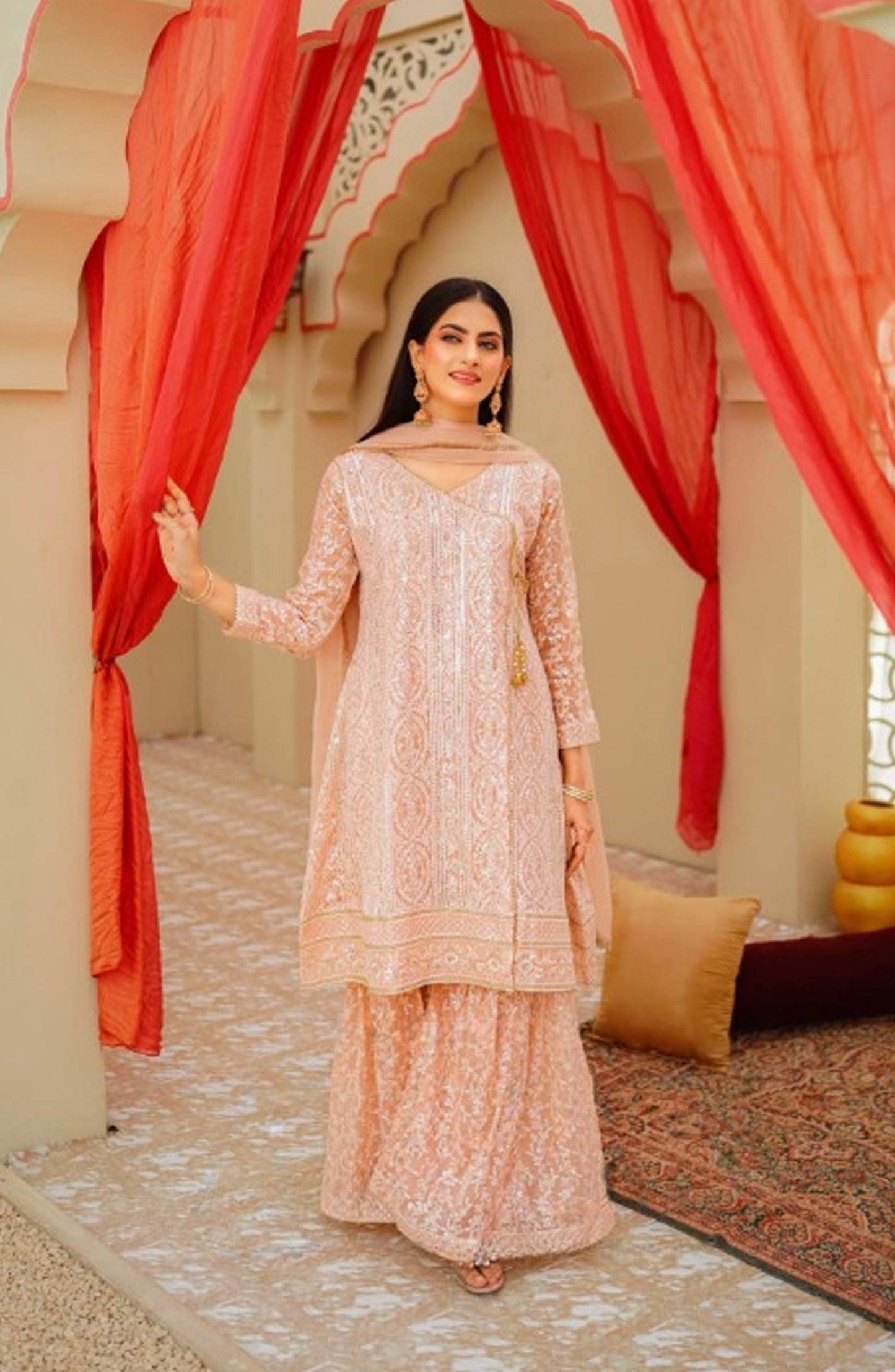 Shaadiyaan Embroidered Chiffon Stitched 3 Piece Suit - JANAAN - ALS25SHD - Peach - Festive Collection