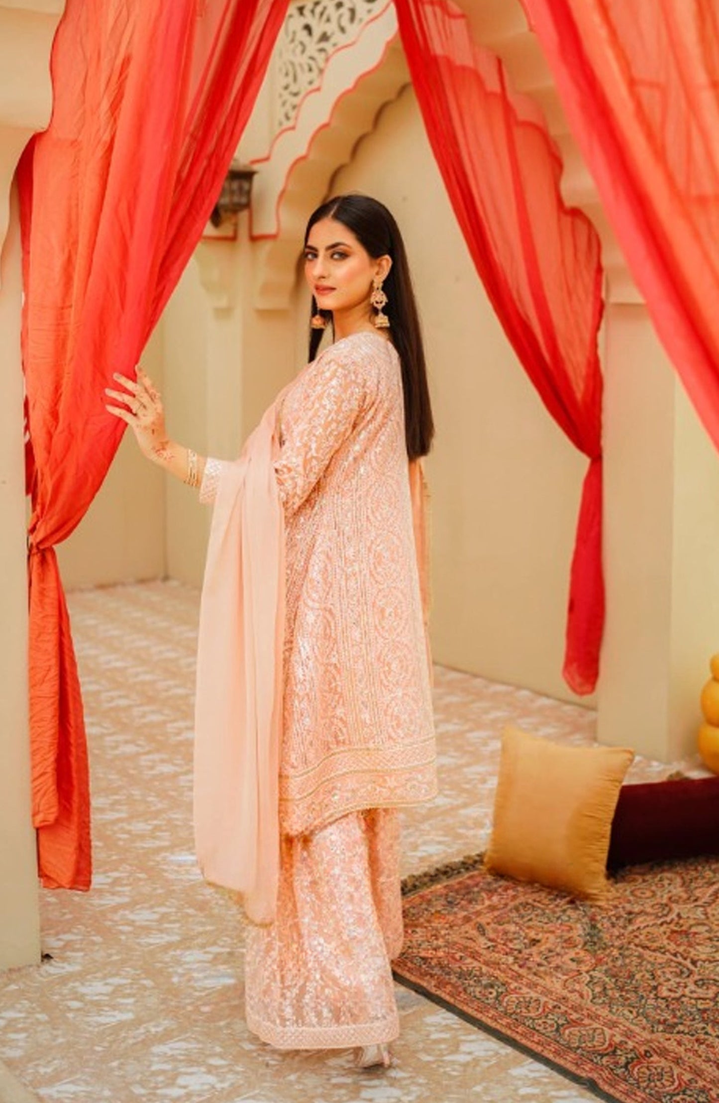 Shaadiyaan Embroidered Chiffon Stitched 3 Piece Suit - JANAAN - ALS25SHD - Peach - Festive Collection