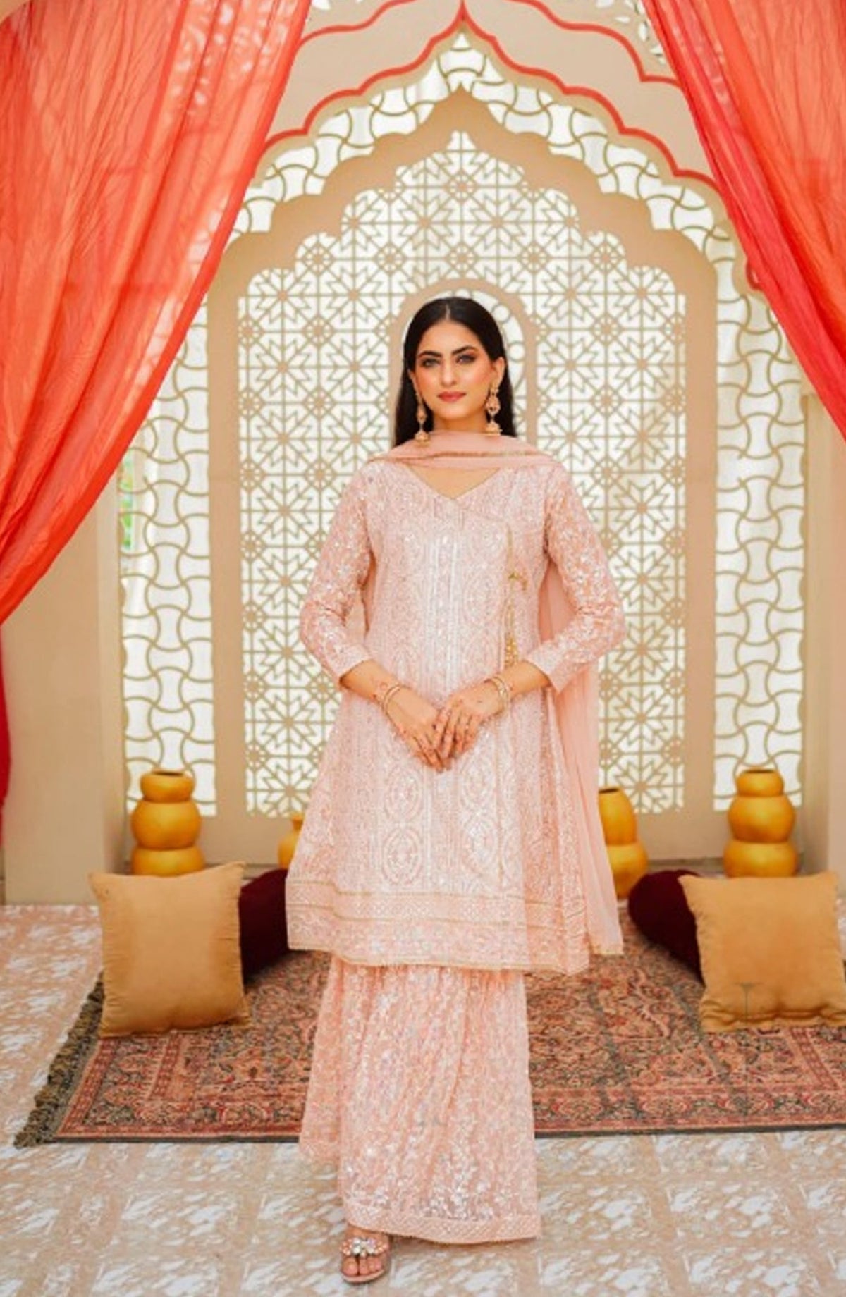 Shaadiyaan Embroidered Chiffon Stitched 3 Piece Suit - JANAAN - ALS25SHD - Peach - Festive Collection