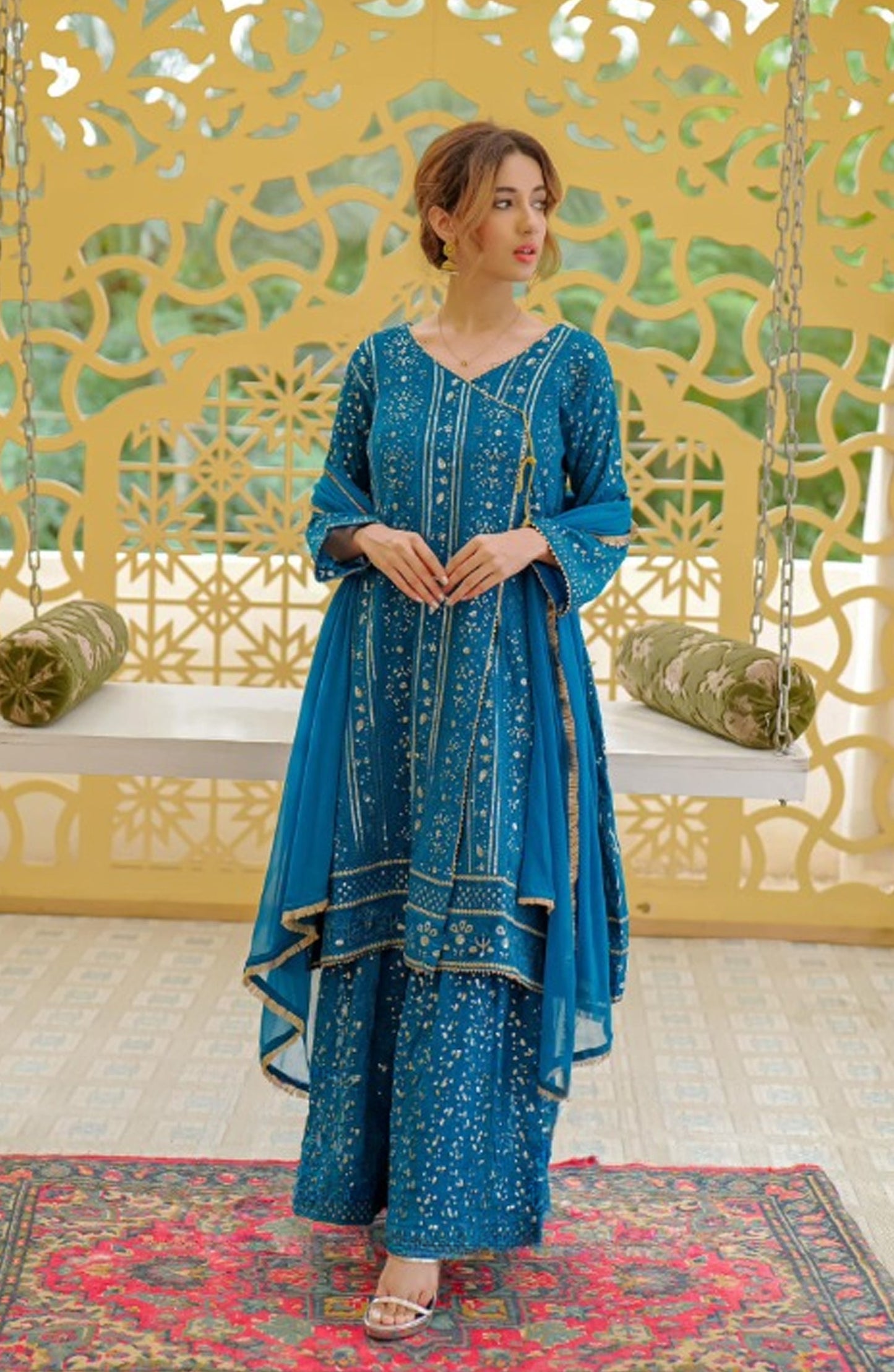 Shaadiyaan Embroidered Chiffon Stitched 3 Piece Suit - JANAAN - ALS25SHD - Peacock - Festive Collection