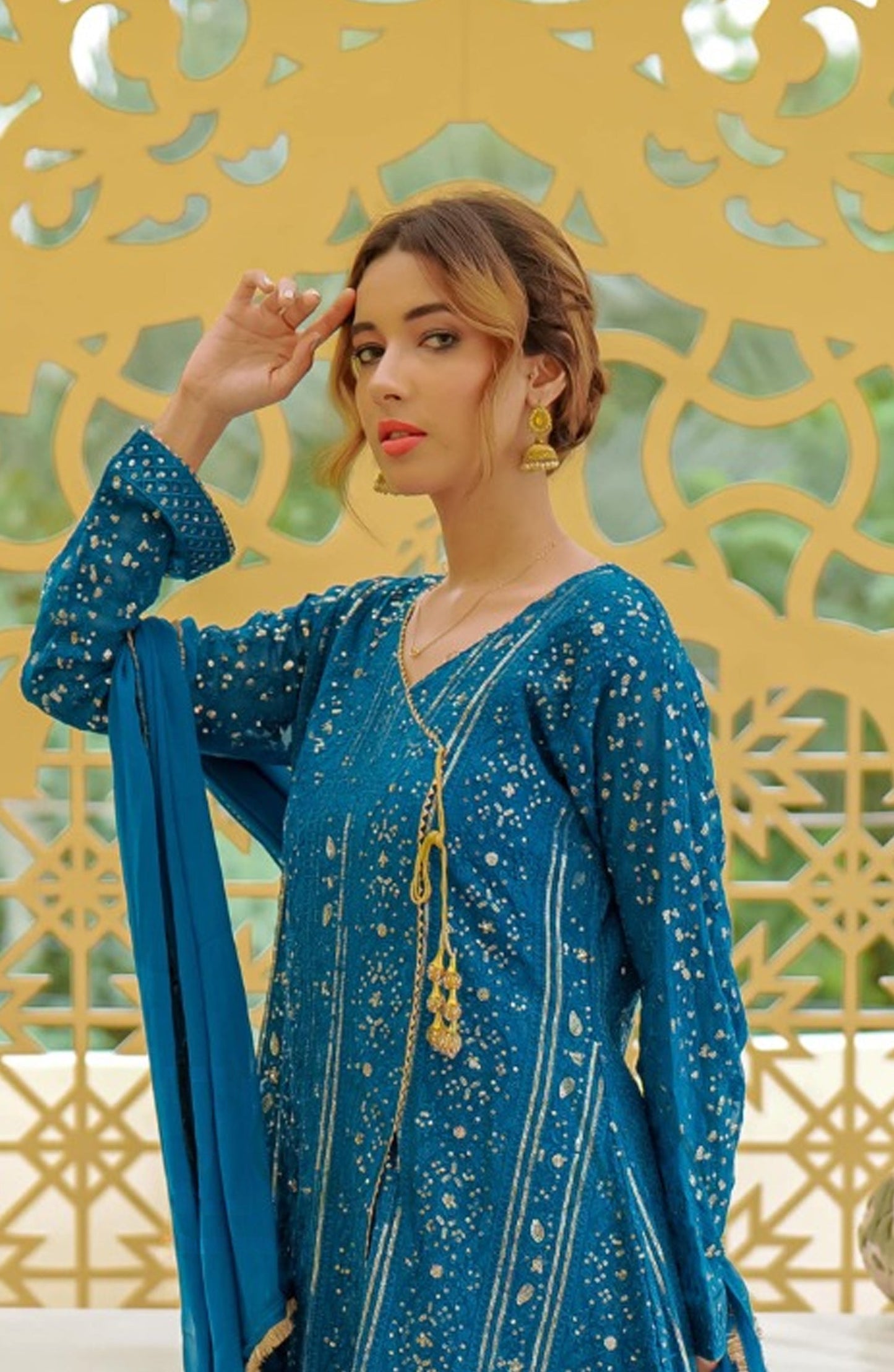 Shaadiyaan Embroidered Chiffon Stitched 3 Piece Suit - JANAAN - ALS25SHD - Peacock - Festive Collection