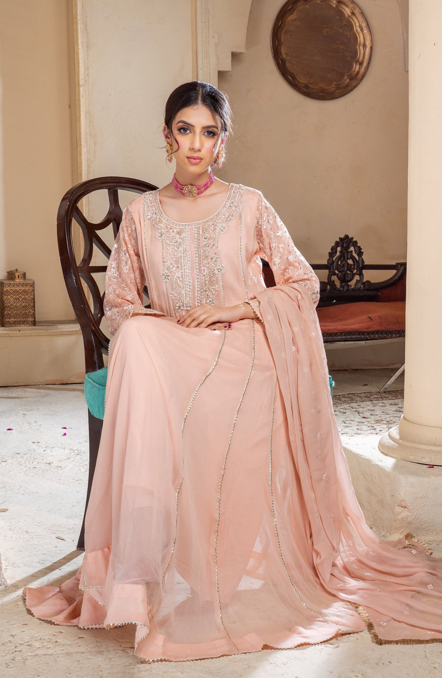 Shaadiyaan Embroidered Chiffon Stitched 3 Piece Suit - RAANI - ALS25SHD - Peach - Festive Collection