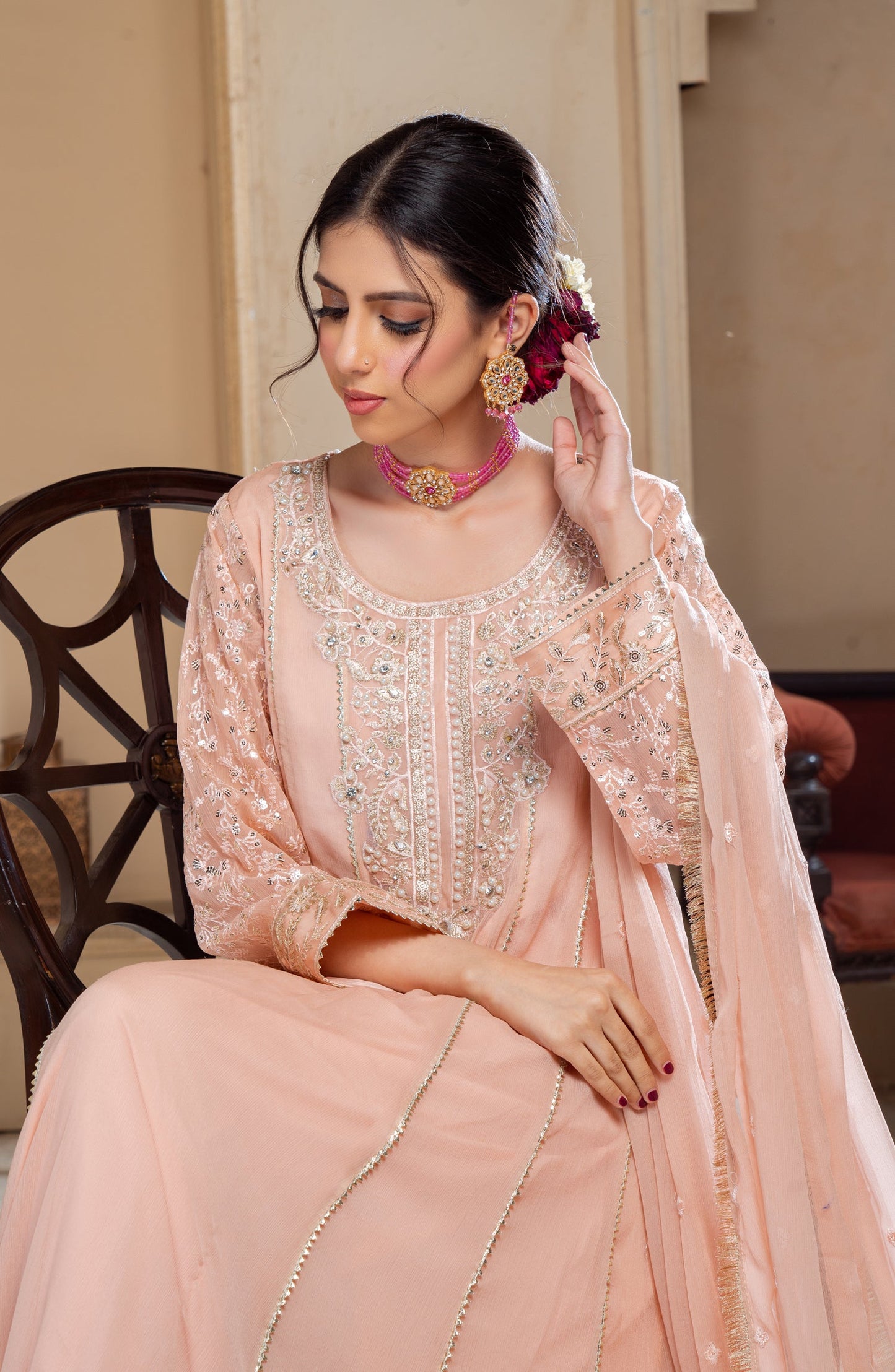 Shaadiyaan Embroidered Chiffon Stitched 3 Piece Suit - RAANI - ALS25SHD - Peach - Festive Collection