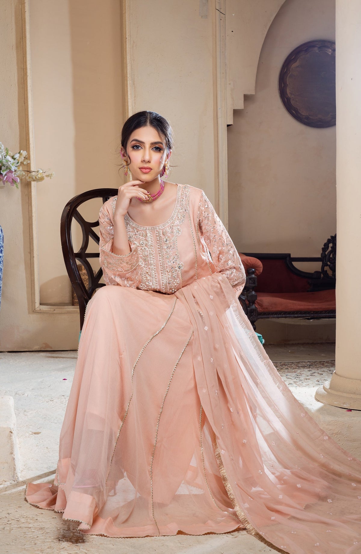Shaadiyaan Embroidered Chiffon Stitched 3 Piece Suit - RAANI - ALS25SHD - Peach - Festive Collection