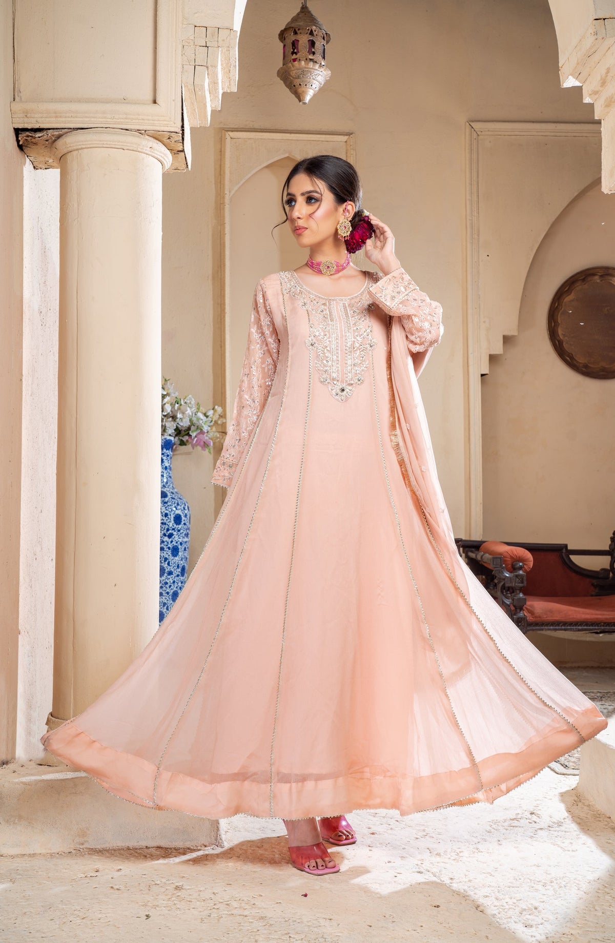 Shaadiyaan Embroidered Chiffon Stitched 3 Piece Suit - RAANI - ALS25SHD - Peach - Festive Collection