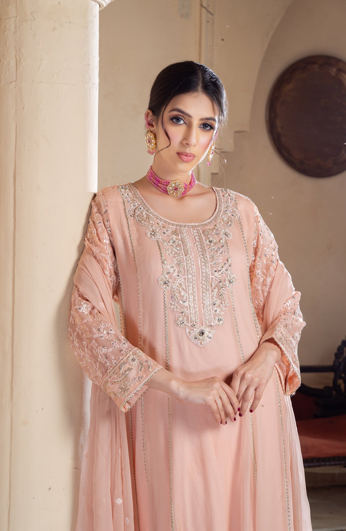 Shaadiyaan Embroidered Chiffon Stitched 3 Piece Suit - RAANI - ALS25SHD - Peach - Festive Collection