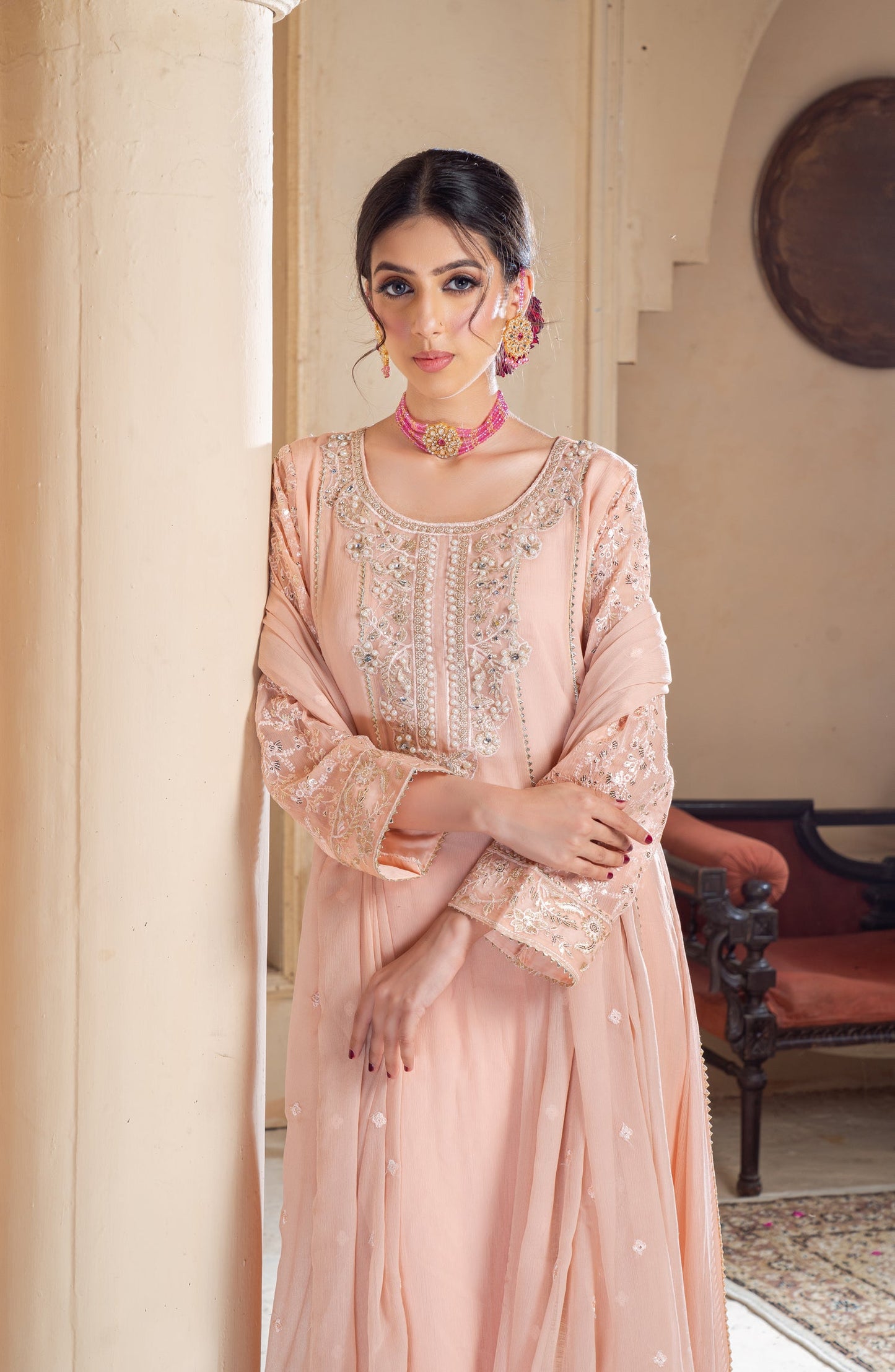 Shaadiyaan Embroidered Chiffon Stitched 3 Piece Suit - RAANI - ALS25SHD - Peach - Festive Collection