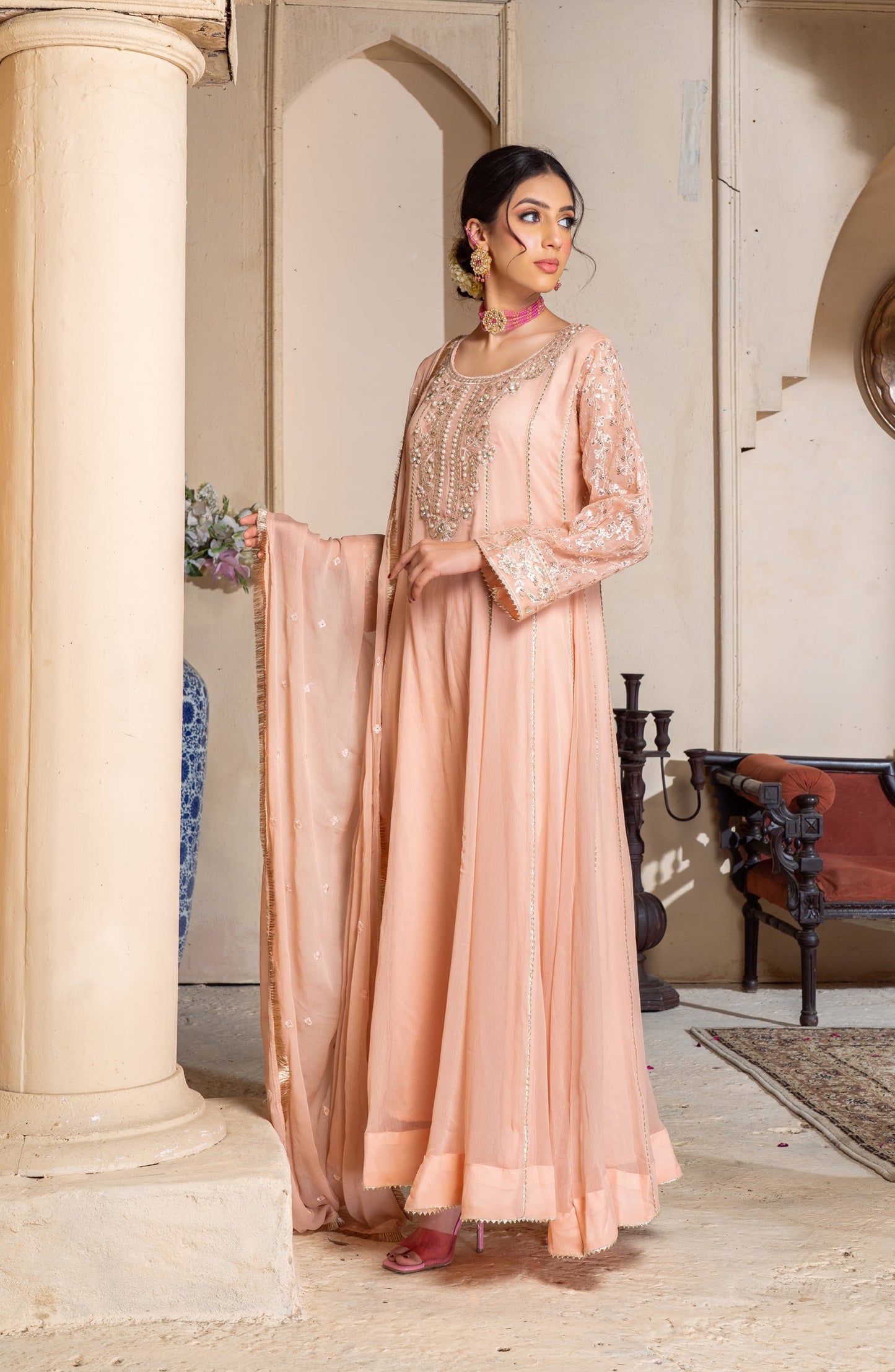 Shaadiyaan Embroidered Chiffon Stitched 3 Piece Suit - RAANI - ALS25SHD - Peach - Festive Collection