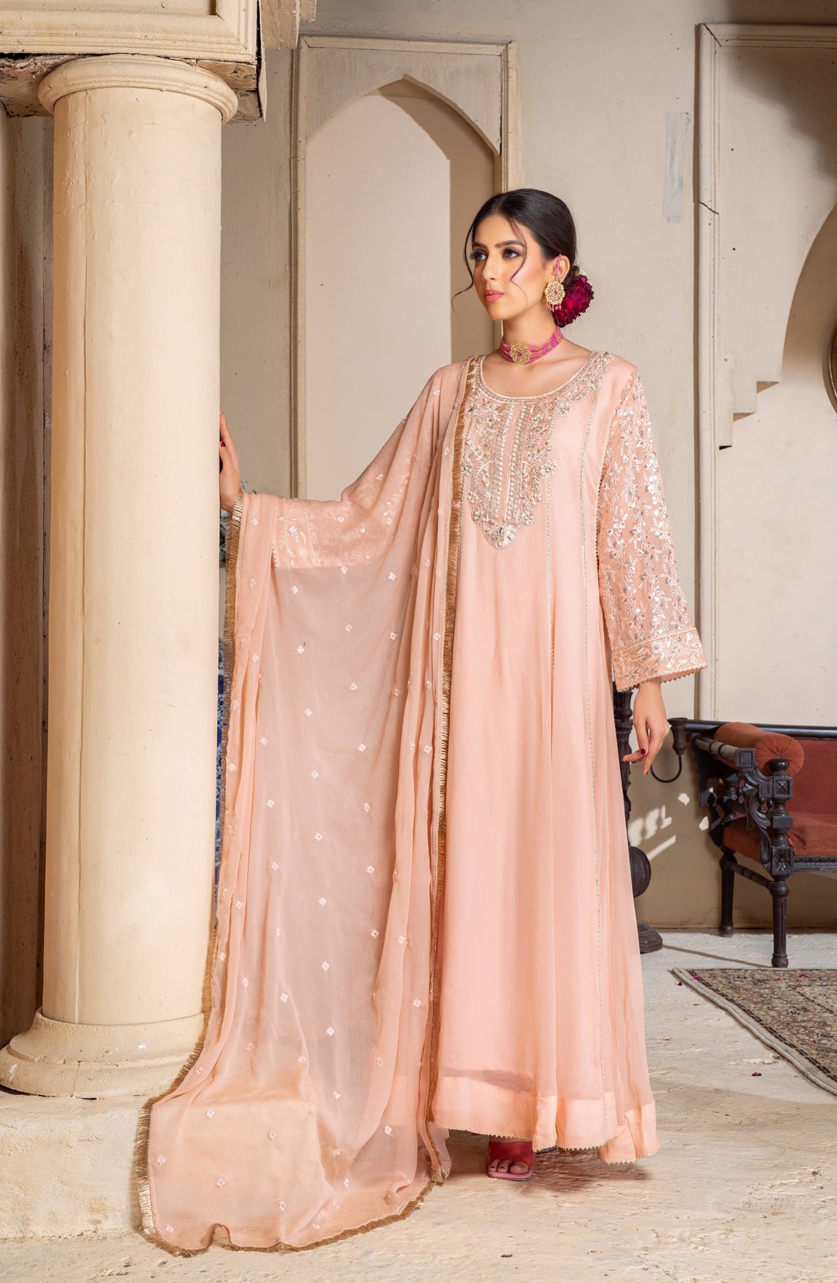 Shaadiyaan Embroidered Chiffon Stitched 3 Piece Suit - RAANI - ALS25SHD - Peach - Festive Collection