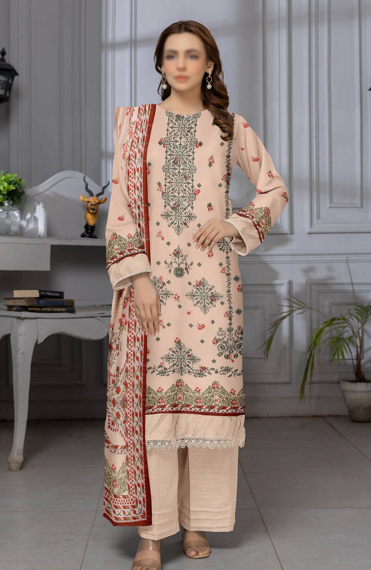 Shades by Al Karim Embroidered Lawn Unstitched 3 Piece Suit - D-08 - AK26HDS - Peach - Summer Collection