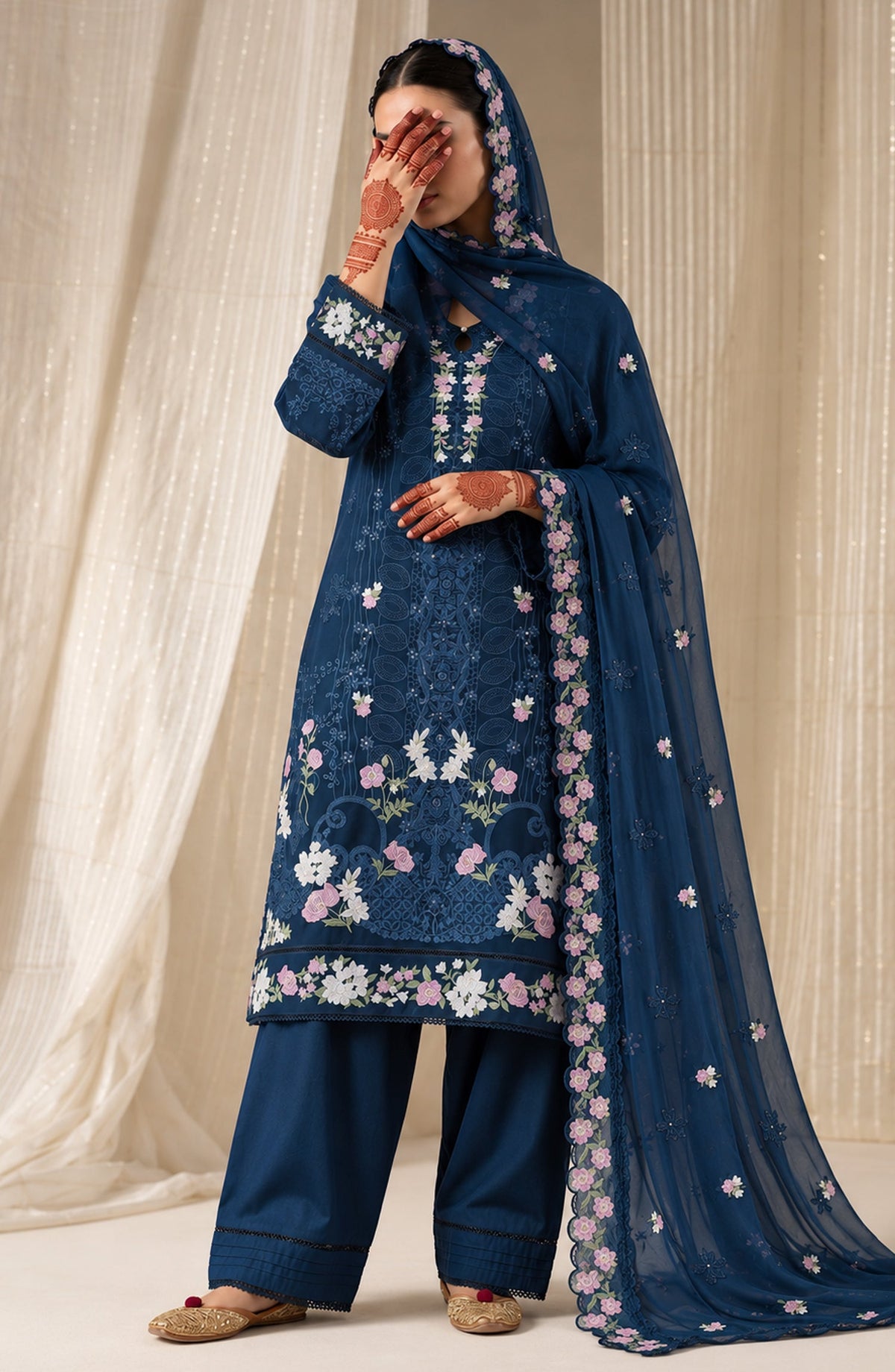 Sham-e-Riwayat by Amna Khadija Embroidered Cotton Stitched 3 Piece Suit - AKSR-04 - AM26SHM - Blue - Luxury Collection