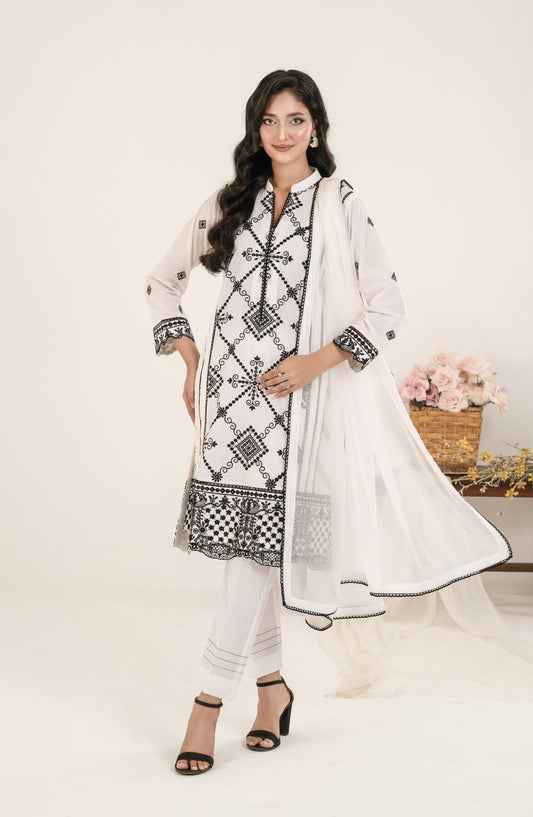 Shamooz Monochrome Embroidered Cotton Stitched 3 Piece Suit - SE-025 White Tales - SMZ25OMN - Summer Collection