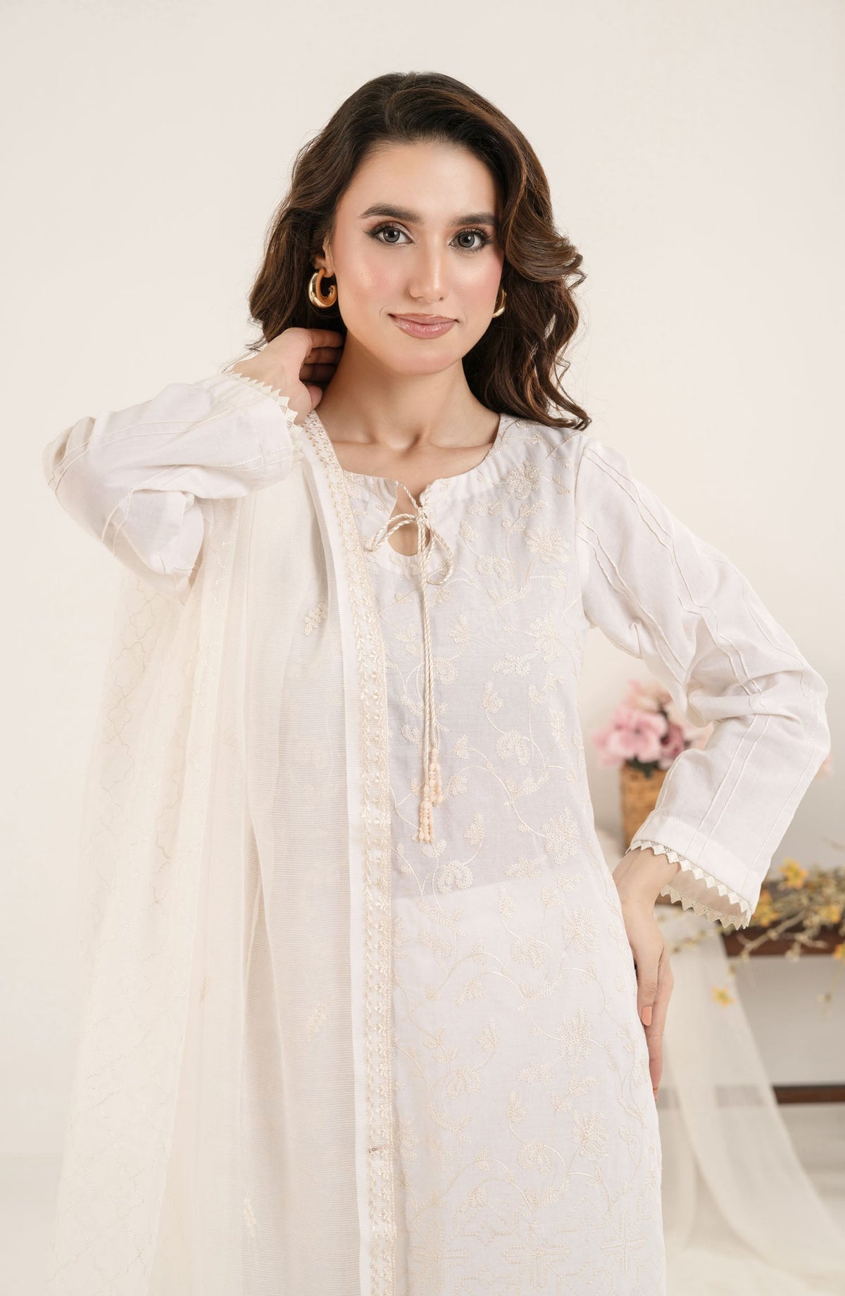 Shamooz Monochrome Embroidered Cotton Stitched 3 Piece Suit - SE-024 Ivory - SMZ25OMN - Summer Collection
