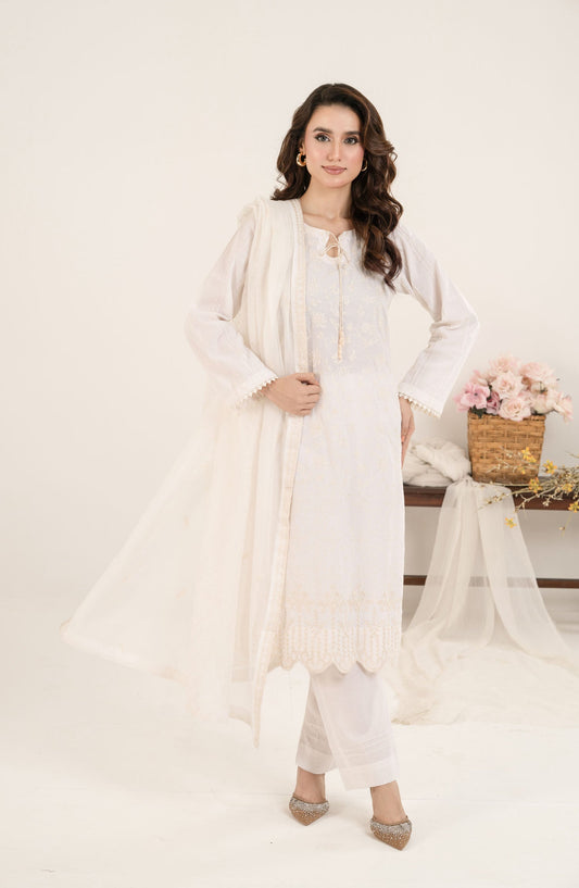Shamooz Monochrome Embroidered Cotton Stitched 3 Piece Suit - SE-024 Ivory - SMZ25OMN - Summer Collection
